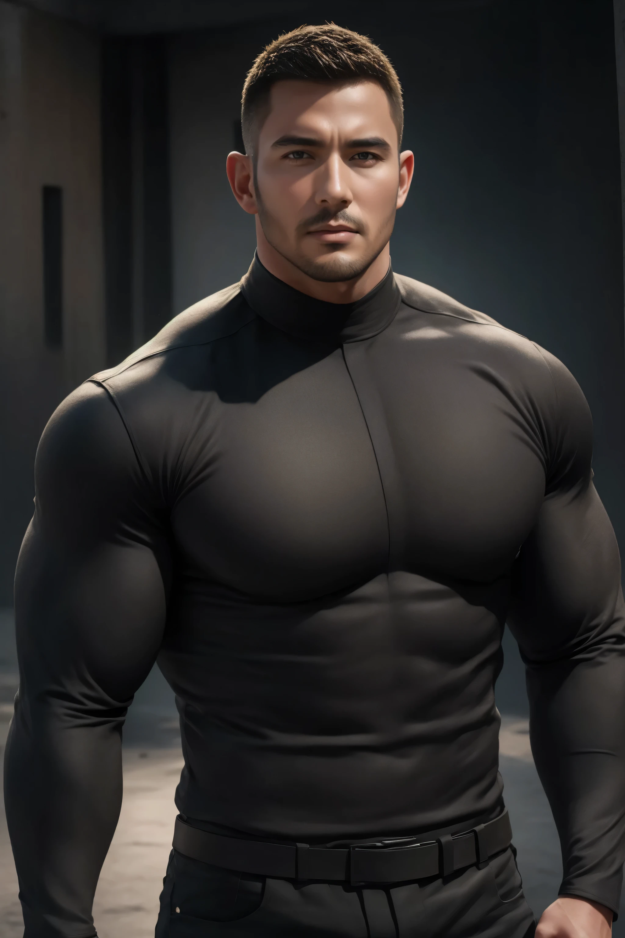 两个 Muscular男人深情拥抱着, VERY STRONG ,buzz cut,Flat head,Ruins in an abandoned city in the open air, 他背靠着脏污的墙壁,Wear a high-neck, long-sleeved, tight-fitting t-shirt in charcoal-black modal fabric, Tightened cuffs,He has a sad expression, Lift your chin, messy hair , thick thighs , High Aims Neck Long Sleeve Gray Brown Superhero Bodysuit, Very tight, Regular symmetrical pattern, High Aimslight muscles, 警服裤, character concept (buzz cut Chris Redfield) proud expression, Deep charming eyes, Heroic male pose, tall Burly, Muscular! Muscular thighs, Tough Guy, Perfect facial features, High Aims, Burly, Heqiang, Super exquisite and cool, High Aims Resolution Committee, Extraordinary Charm , The sun is strong, is dazzling