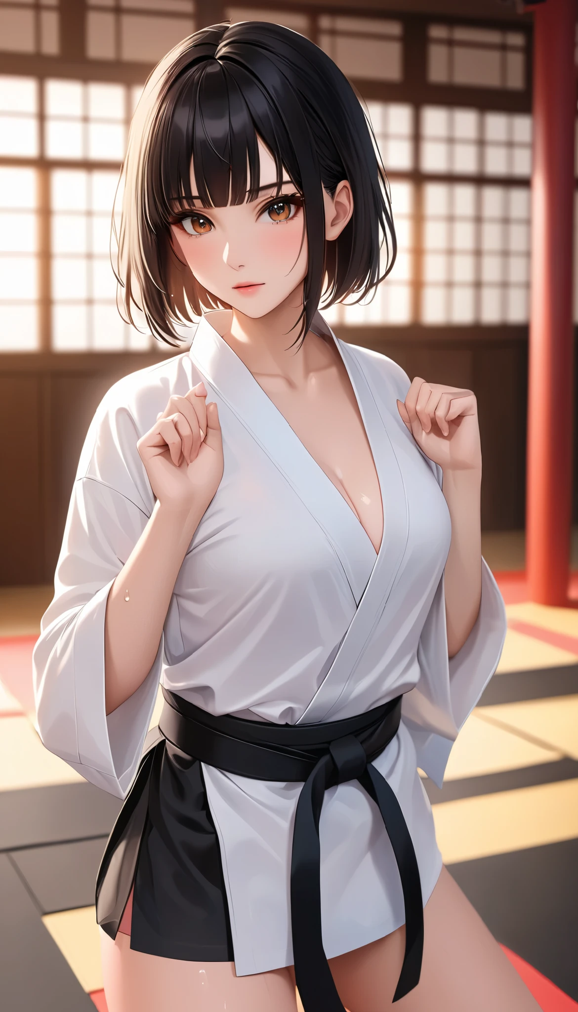 (( big breasted))、((( front open shirt))、(((Empty-handed)))、( black hair)、(blunt bangs)、( short hair)、( wet hair)、(Women's Karate)、(( sweaty))、( Glowing Skin )、((Serious))、(( blanking))、(((Karate Dojo)))、((Delicate Paintings )),( Masterpiece elaborate RAW photo :1.25), ( top quality:1.6), ( super high resolution :1.5), ( by Nomi:1.75), 8k resolution for kindergarten ren, Canon EOS R5 , 50mm, Abs urd, very well detailed,Cinema Lighting、(transparent nipples:1.5)