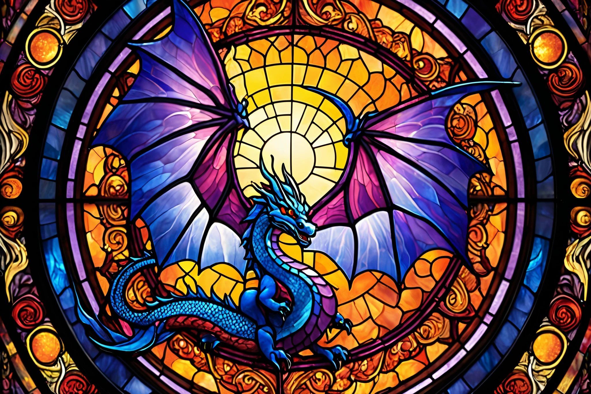 A blue dragon depicted in a fantastic stained glass design. The intricate glass patterns are beautiful and appear to shine through the light. The background is a yellow and orange circular pattern that mimics the rays of the sun, and the red eyes shine sharply. The vividly colored purple, red, and blue scales are painted in detail, creating a mysterious and magnificent atmosphere.