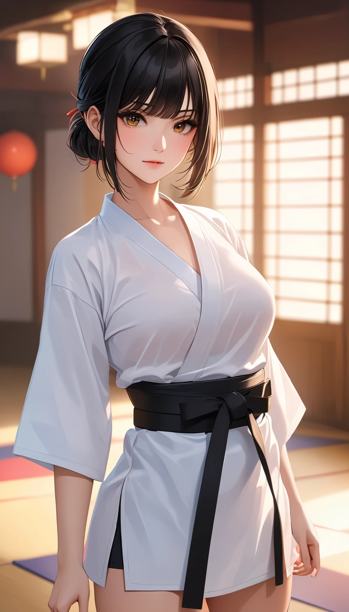 (( big breasted))、((( front open shirt))、(((Empty-handed)))、( black hair)、(blunt bangs)、( short hair)、( wet hair)、(Women's Karate)、(( sweaty))、( Glowing Skin )、((Serious))、(( blanking))、(((Karate Dojo)))、((Delicate Paintings )),( Masterpiece elaborate RAW photo :1.25), ( top quality:1.6), ( super high resolution :1.5), ( by Nomi:1.75), 8k resolution for ren, Canon EOS R5 , 50mm, Abs urd, very well detailed,Cinema Lighting、(transparent nipples:1.5)