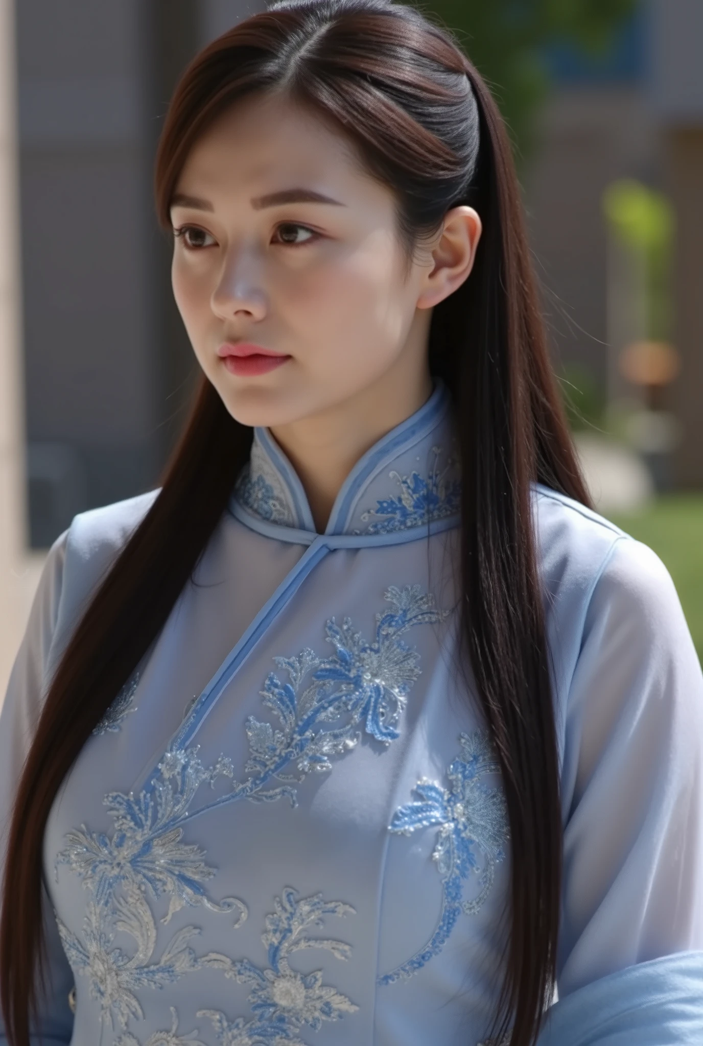 Chinese Cheongsam,Tang Sancai style,girl,Northern Europe,White skin,Extra long hair,Black Hair,Straight Hair