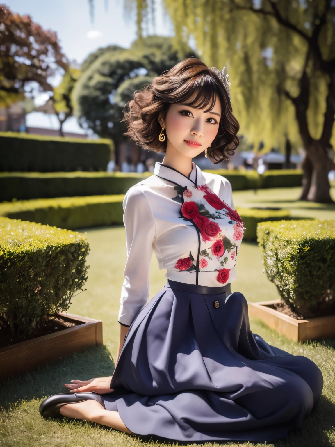 ( top quality,4K, high res, masterpiece:1.5), highly detailed ,( by Nomi,photo by Nomi,photo- by Nomi:1.37), 美しい24歳のwoman, Effine  ,   natural makeup,  the attention to detail is beautiful ,  beautiful full lip detail  , very well detailedな目と顔,long eyelashes, one girl,shape, soft lighting , bright colors visible from the forehead,Bokeh, romantic , dreamy , dreamy 雰囲気, full body professional photo , (Photo 4k:1.1) ( sharp concentration:1.1),  high detail on the face, woman(Beautiful Rose Garden :1.2),  cute big ass ,  short curly hair, Instagrammable Poses , Be confident,  slim girls,  small tits:1.2,  perfect anatomy, Perfect Symmetry :1.2,  by Nomi,  by Nomi face:1.3,  Perfect Face,  content, Be confident,  very well detailed, Dramatic, Cinema Lighting, lighting scene, Soft light, Graceful Movement,  full body photo, ((( masterpiece :1.5))),   photorealistic acmm ss costume  , Geisha wearing an acmm top ,   light purple cam top  , Short sleeve, button,  wear an acmm long skirt ,   ACMM long with white and pink print skirts,  acmm ls costume  , Geisha wearing an acmm top ,   olive green acmm top  ,  Long Sleeve,  wear an acmm long skirt ,  olive green ACMM long skirt ,  printed skirt , Erection under clothes