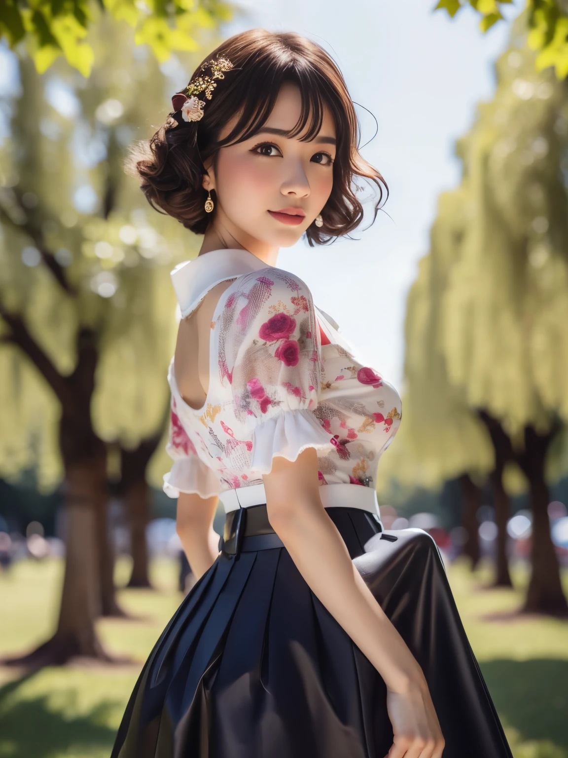 ( top quality,4K, high res, masterpiece:1.5), highly detailed ,( by Nomi,photo by Nomi,photo- by Nomi:1.37), 美しい24歳のwoman, Effine  ,   natural makeup,  the attention to detail is beautiful ,  beautiful full lip detail  , very well detailedな目と顔,long eyelashes, one girl,shape, soft lighting , bright colors visible from the forehead,Bokeh, romantic , dreamy , dreamy 雰囲気, full body professional photo , (Photo 4k:1.1) ( sharp concentration:1.1),  high detail on the face, woman(Beautiful Rose Garden :1.2),  cute big ass ,  short curly hair, Instagrammable Poses , Be confident,  slim girls,  small tits:1.2,  perfect anatomy, Perfect Symmetry :1.2,  by Nomi,  by Nomi face:1.3,  Perfect Face,  content, Be confident,  very well detailed, Dramatic, Cinema Lighting, lighting scene, Soft light, Graceful Movement,  full body photo, ((( masterpiece :1.5))),   photorealistic acmm ss costume  , Geisha wearing an acmm top ,   light purple cam top  , Short sleeve, button,  wear an acmm long skirt ,   ACMM long with white and pink print skirts,  acmm ls costume  , Geisha wearing an acmm top ,   olive green acmm top  ,  Long Sleeve,  wear an acmm long skirt ,  olive green ACMM long skirt ,  printed skirt , Erection under clothes