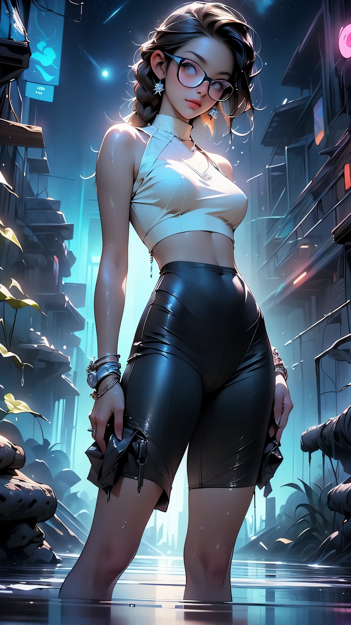 girl in mirrorsedge style, standing, <lora:MIRRORSEDGE-STYLE_v2_by_redblasterz:0.65>,  (big breast:1.3), (hyper-realism), cityscape in background, (vibrant colors), (stealth style sunglasses:1.3)