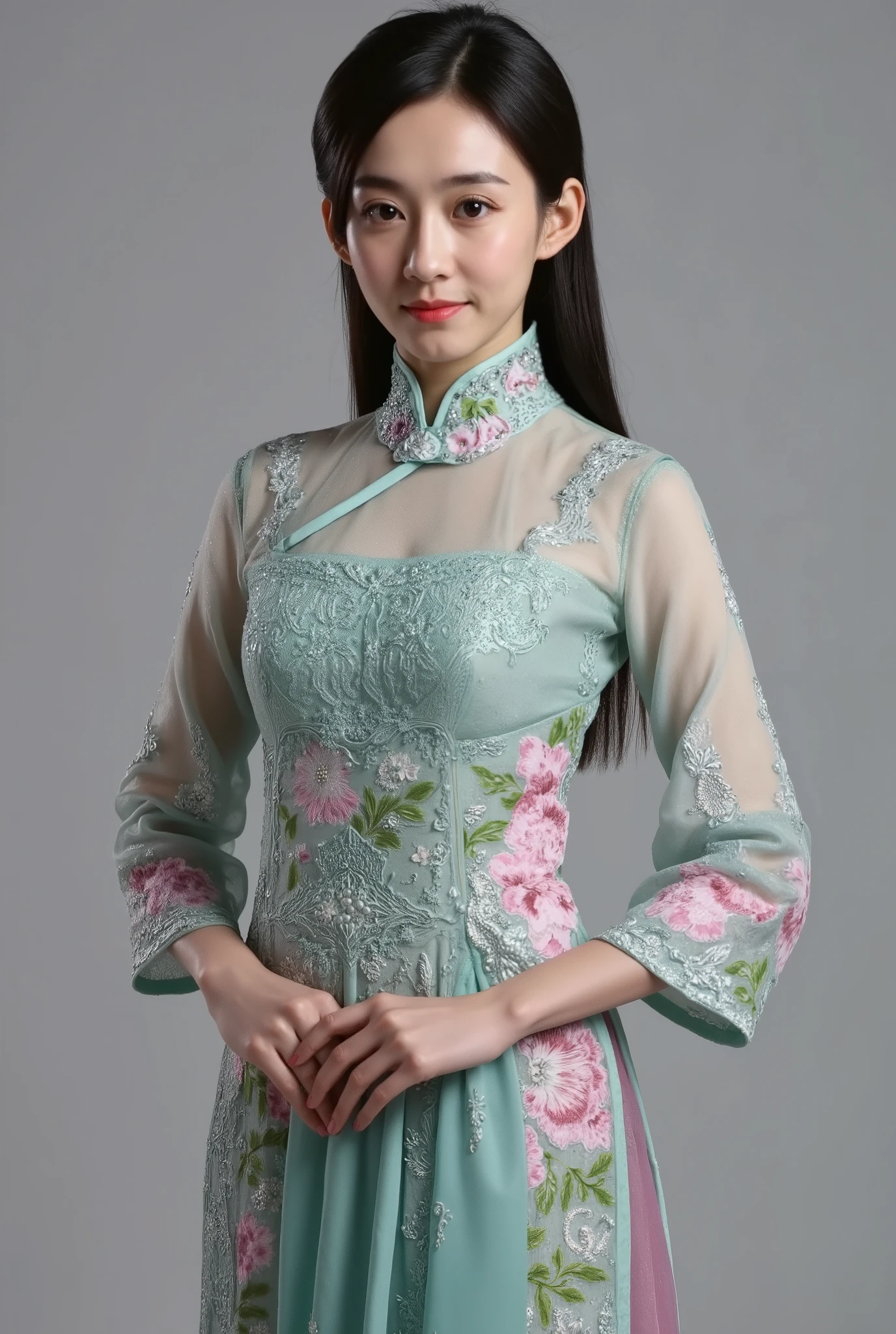 Chinese Cheongsam,Tang Sancai style,girl,Northern Europe,White skin,Extra long hair,Black Hair,Straight Hair