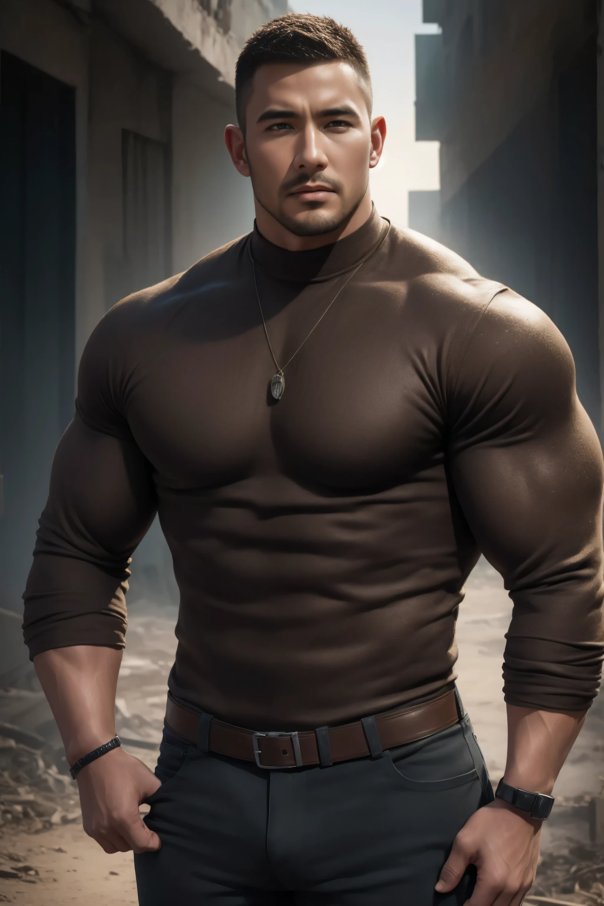两个 Muscular男人深情拥抱着, VERY STRONG ,buzz cut,Flat head,Ruins in an abandoned city in the open air, 他背靠着脏污的墙壁, Wear a long-sleeved tight t-shirt with a high neck, muddy brown modal fabric, Tightened cuffs,Soft sweater texture ,He has a sad expression, Lift your chin, messy hair , thick thighs , High Aims Neck Long Sleeve Gray Brown Superhero Bodysuit, Very tight, Regular symmetrical pattern, High Aimslight muscles, 警服裤, character concept (buzz cut Chris Redfield) proud expression, Deep charming eyes, Heroic male pose, tall Burly, Muscular! Muscular thighs, Tough Guy, Perfect facial features, High Aims, Burly, Heqiang, Super exquisite and cool, High Aims Resolution Committee, Extraordinary Charm , The sun is strong, is dazzling