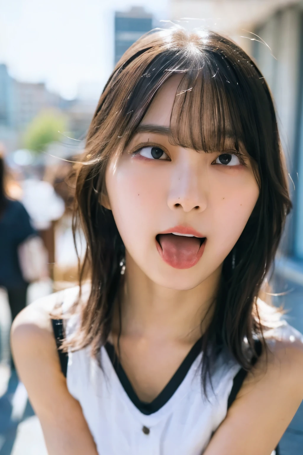 one woman, Korean idol, (She opens her mouth so wide you can see her throat:1.6),screaming, shouting, she is sitting on the ground, she looks up at the sky, (POV:1.2), composition looking down on her, Composition of the camera shooting from above, Surrounded by fans, On the bustling street, in the crowd , Close-up of face , masterpiece, highres, high-resolution, 8k,8k portrait , realistic, RAW photo, real person, portrait photography, photo realistic, detailed skin, (best quality, Ultra detailed: 1.2),