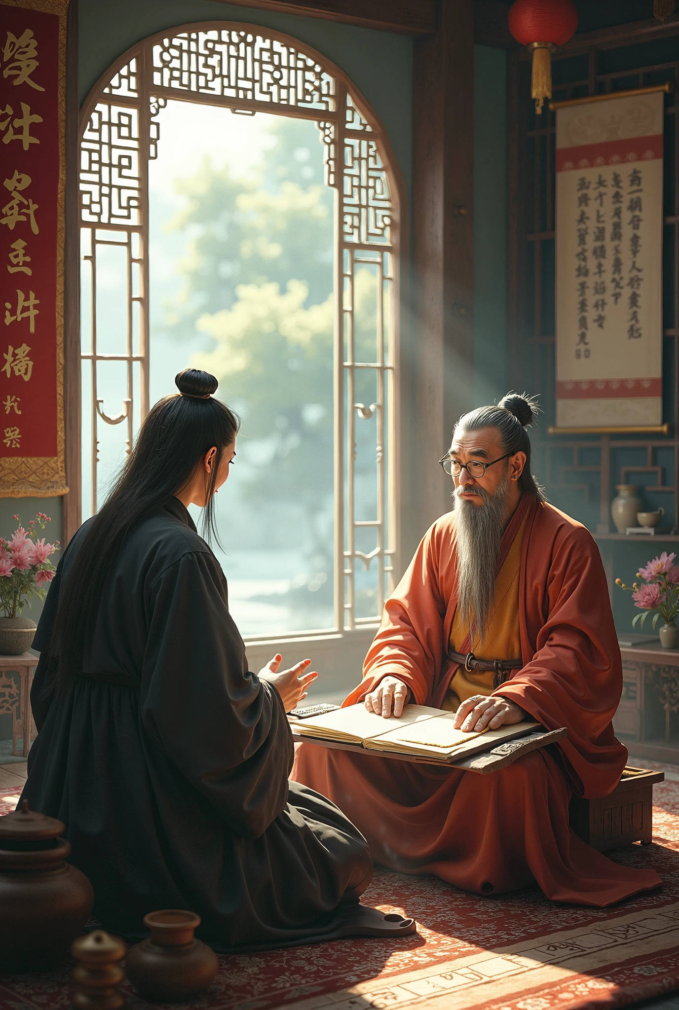 There are two men sitting on the floor in a room - SeaArt AI