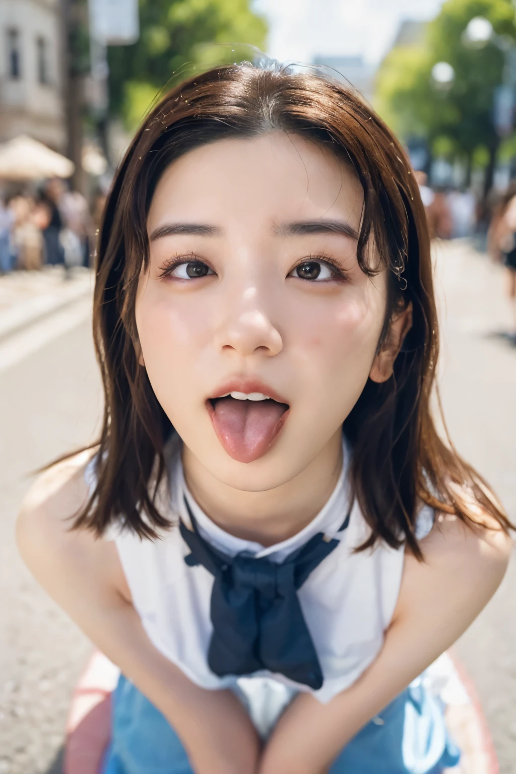 one woman, Korean idol, (She opens her mouth so wide you can see her throat:1.6),screaming, shouting, she is sitting on the ground, she looks up at the sky, (POV:1.2), composition looking down on her, Composition of the camera shooting from above, Surrounded by fans, On the bustling street, in the crowd , Close-up of face , masterpiece, highres, high-resolution, 8k,8k portrait , realistic, RAW photo, real person, portrait photography, photo realistic, detailed skin, (best quality, Ultra detailed: 1.2), 