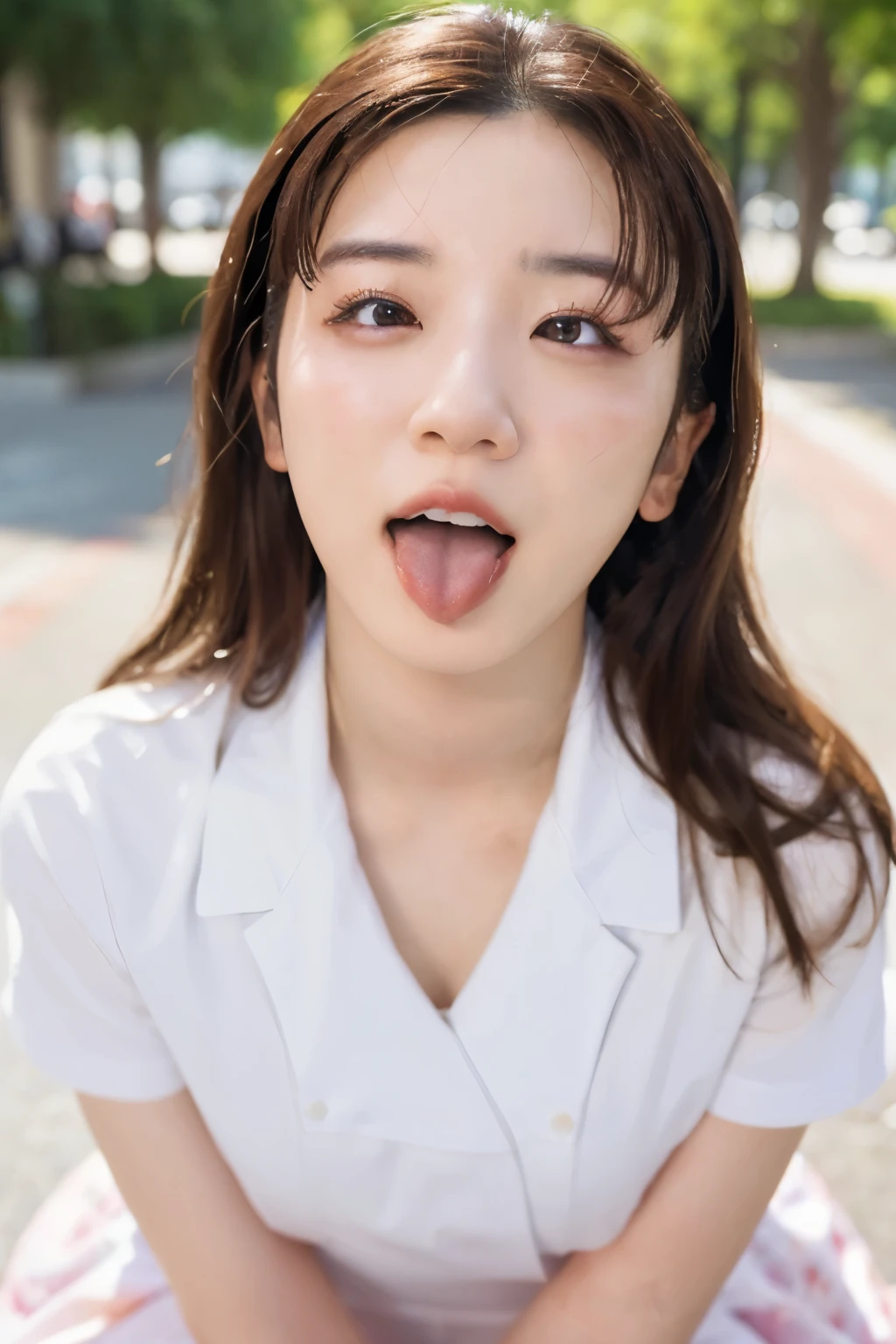 one woman, Korean idol, (She opens her mouth so wide you can see her throat:1.6),screaming, shouting, she is sitting on the ground, she looks up at the sky, (POV:1.2), composition looking down on her, Composition of the camera shooting from above, Surrounded by fans, On the bustling street, in the crowd , Close-up of face , masterpiece, highres, high-resolution, 8k,8k portrait , realistic, RAW photo, real person, portrait photography, photo realistic, detailed skin, (best quality, Ultra detailed: 1.2),