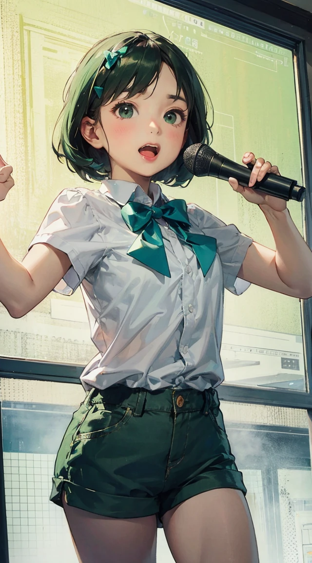 {{{masterpiece}}}, {{{best quality}}}, {{ultra-detailed}}, {illustration}, {{an extremely delicate and beautiful}},(nsf), (Best quality, 8k, 32k, Masterpiece, UHD:1.2),Photo of Pretty Japanese idol girl, top quality, best quality, realistic, unity, 8k wallpaper, official art, extremely detailed wallpaper,(1girls:1.5),(crying:1.5),(idol costume),(sweaty skin:1.3),17yo,Child,black eyes,(take the spotlight:1.1),(stand microphone:1.9),(sing:1.7),(very short bob hair:1.3),(Green hair:1.3),earrings,looking at viewer,(high detailed skin),realistic body,(small breasts:1.4),cute girl,no makeup, famous japanese idol,(standing),(low view:1.2),(lift shirt:1.6),(skirt lift by myself:1.6),(show off panties:1.3),(no bra:1.3),(no panties:1.3),(love juice:1.7),(looking at viewer:1.1),(idle stage :1.5),(lots of customers:1.5)