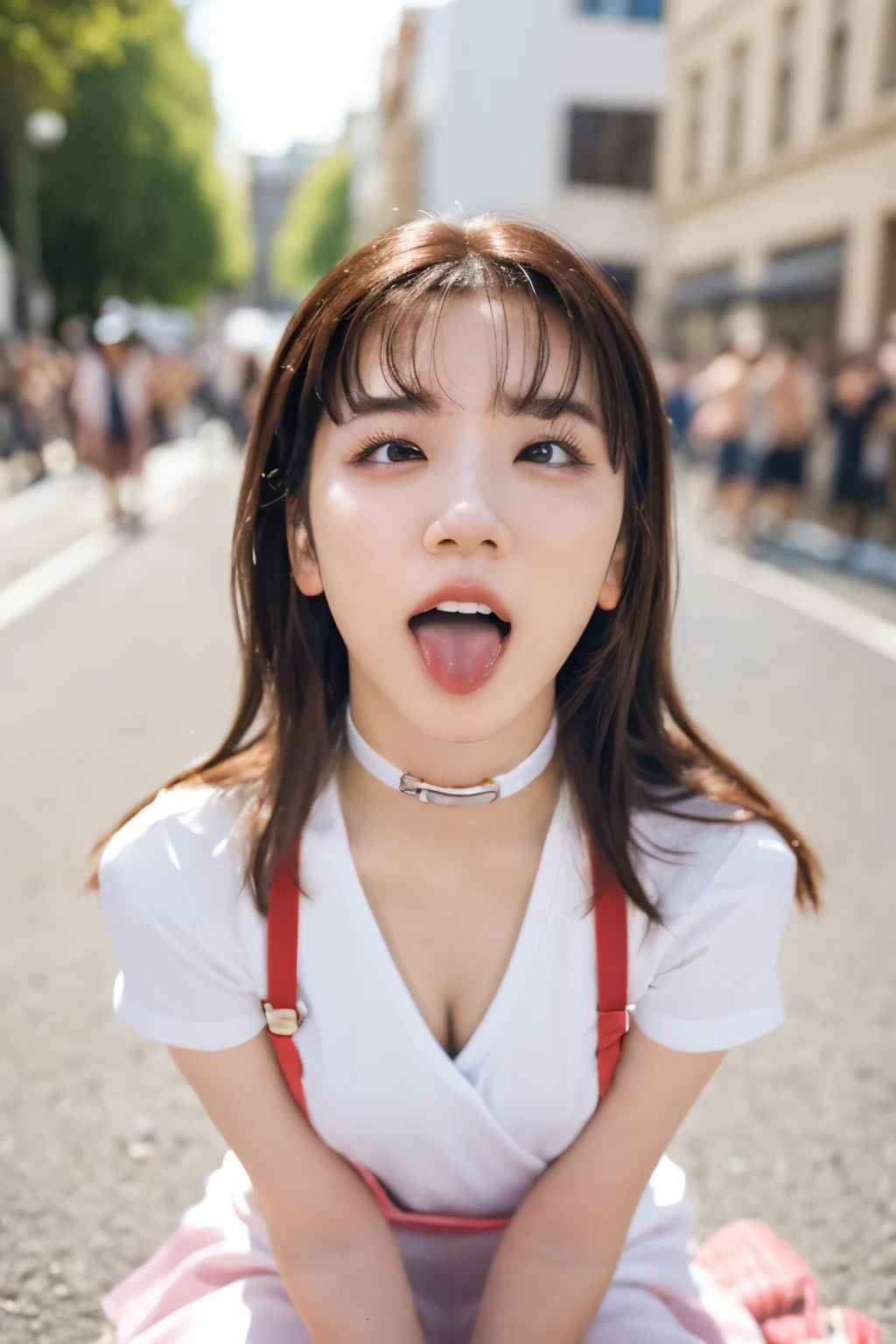 one woman, Korean idol, (She opens her mouth so wide you can see her throat:1.6),screaming, shouting, she is sitting on the ground, she looks up at the sky, (POV:1.2), composition looking down on her, Composition of the camera shooting from above, Surrounded by fans, On the bustling street, in the crowd , Close-up of face , masterpiece, highres, high-resolution, 8k,8k portrait , realistic, RAW photo, real person, portrait photography, photo realistic, detailed skin, (best quality, Ultra detailed: 1.2),