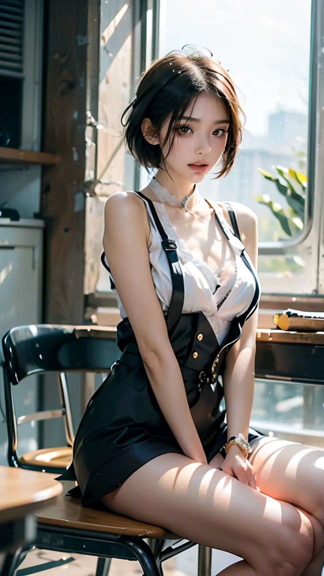 NSFW, (table top, highest quality, photo-realistic:1.4), (shiny skin), (nffsw, 8k wallpaper, High resolution), perfect anatomy, cinematic lighting, Physically based rendering, award-winning, highly detailed skin, highly detailed face, Beautiful eyes in every detail, Carl Zeiss 85mm F/1.4, break, (((1 man and 1 woman, have sex:1.5)), on the floor, break, A very cute 25-year-old office lady,  (Pink wavy semi-long hair and bangs), , (unbutton her wet white blouse, black pleated skirt lift, black knee high socks, low person:1.3), view from below, (naked:1.5), (flat chest:1.5), ,((1 male and 1 female,have sex:1.5)), (short hair:1.5), (scary face),((cowgirl style)), ((girl on top)),((sexy black bra)), ((feel an orgasm))