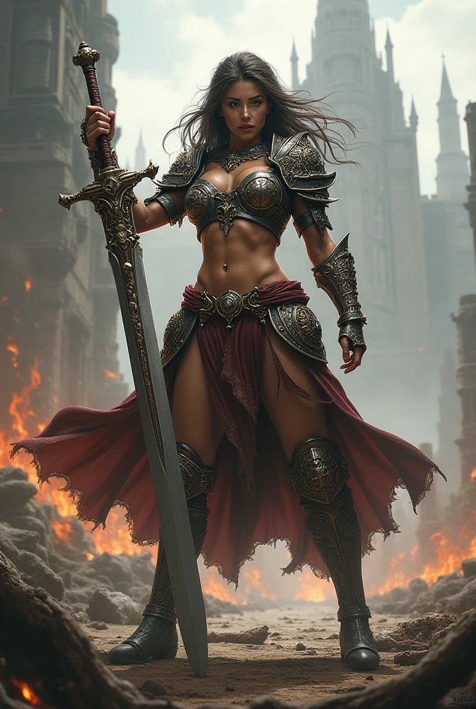 naked woman, very big breasts, with a medieval sword, fantasy environment