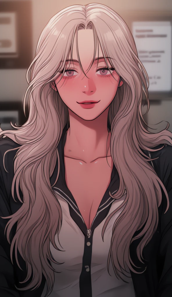 ( Obra The arte digital dramática:1.3) The,(Energetic:1.3) portrait The female (snezanasakovic2:1.1) wearing Korean school clothes, Chica The moda, long blonde hair, Beautiful and black, WHITE LEATHER FUND, Thelgada, smiley face, calm and serene expression, Bangs and wavy hair, sociedadcg,
