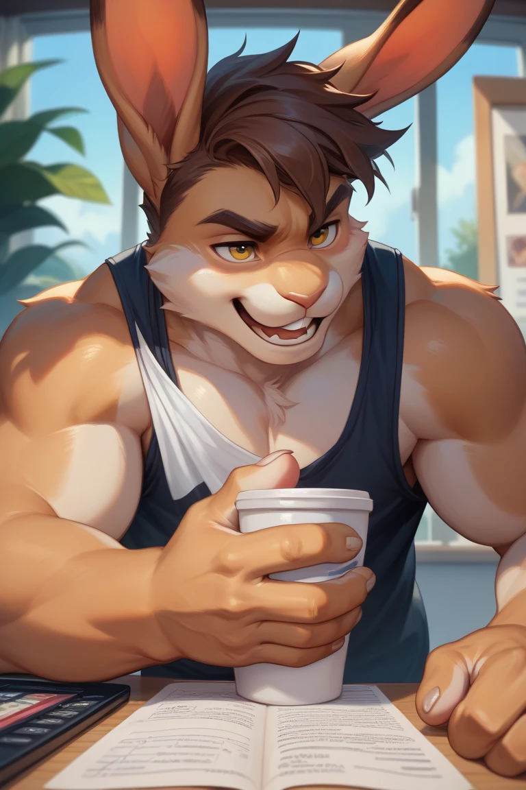 Full body, male, furry, goat-rat hybrid, ((goat horns)), mouse ears, ((chestnut brown colored fur with white highlights)), brown hair, blue eyes, mouse tail, adult, handsome, humanoid feet, mature, (slim build),black wire glasses, drinking a can Coca-Cola
