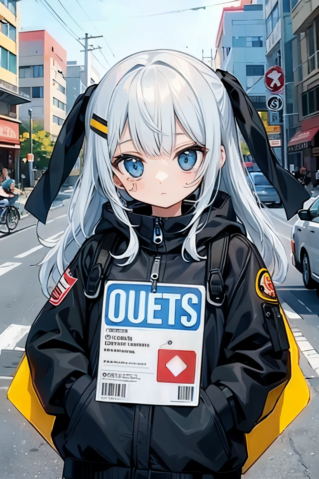 (sticker),#quality(8k,best quality, masterpiece),solo, #1girl(cute, kawaii,small ,smile,hair floating,hair color cosmic,pigtail hair,zombie skin,ghost skin ,skin color blue,pale skin,eye color cosmic,eyes shining,big eyes,damaged clothes,heavy metal costume,smirk,isolated on pink background,full body),#background(monotone,pink,no background,isolated on pink background)