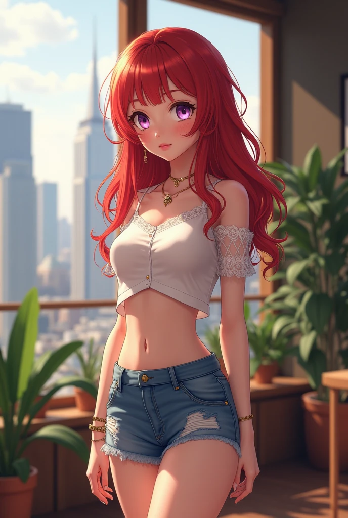 A woman with red hair, blue colored eyes, three little lines on the cheeks, blonde bangs, wearing a black crop top with lace and denim shorts, with medium breasts. anime styling