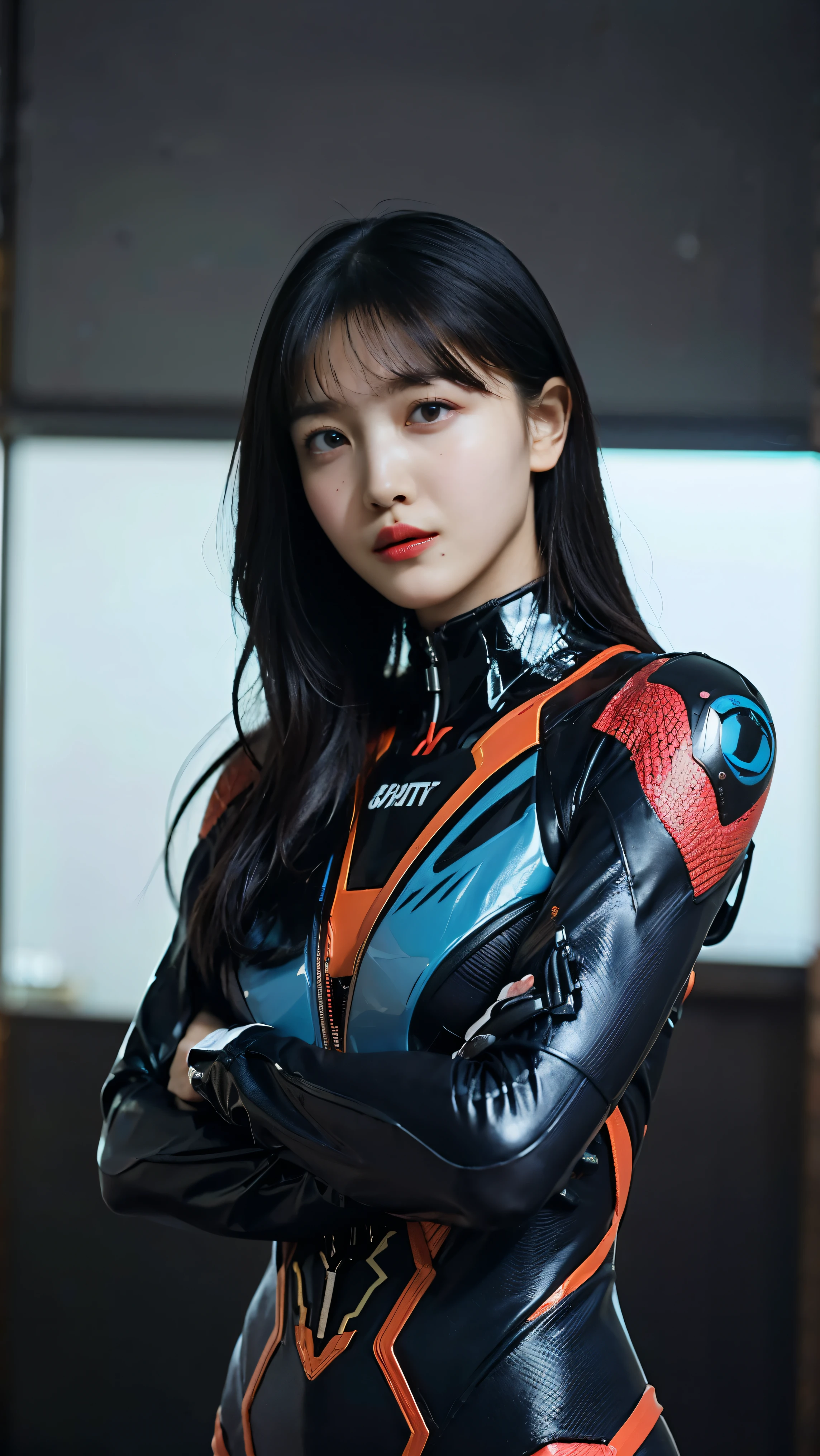Highest image quality,excellent detail,The ultra-great resolution,(真实感:1.4),The best illustrations,Preference for details,Highly concentrated 1girl,Delicate beautiful face,Sexy dressed in black and blue mechs,Wearing a mecha helmet,Handheld directional controller,Ride on a mech,background is high-tech lighting scene of futuristic city。