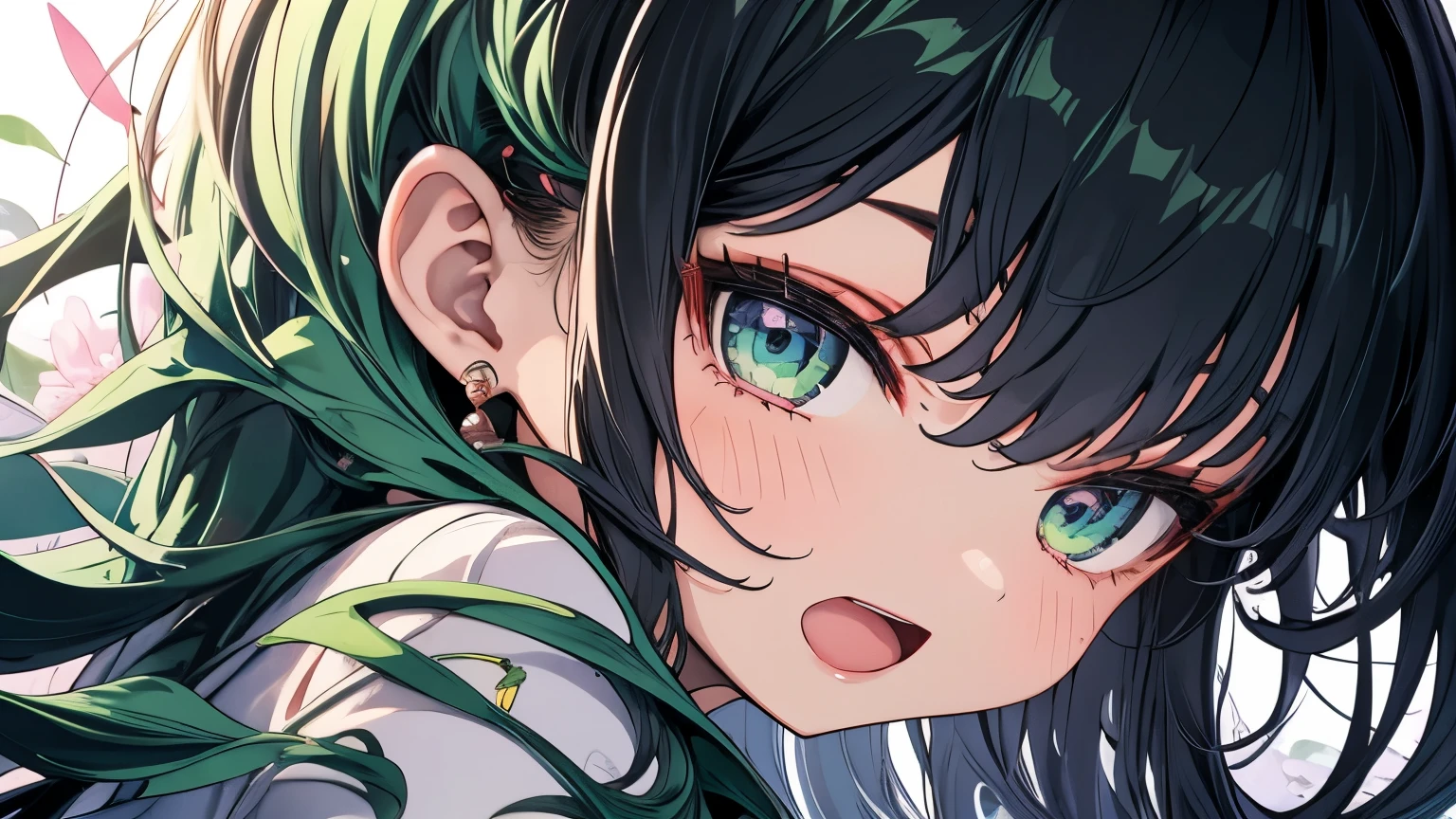 Anime girl with long black hair and green eyes staring at something ...
