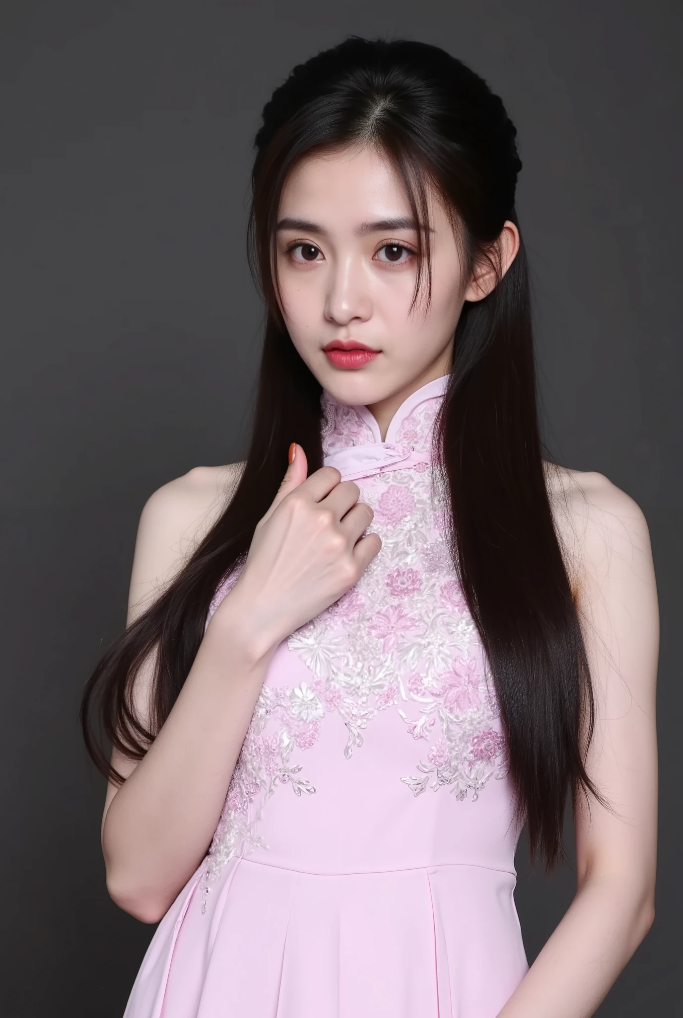 Chinese Cheongsam,Tang Sancai style,girl,Northern Europe,White skin,Extra long hair,Black Hair,Straight Hair