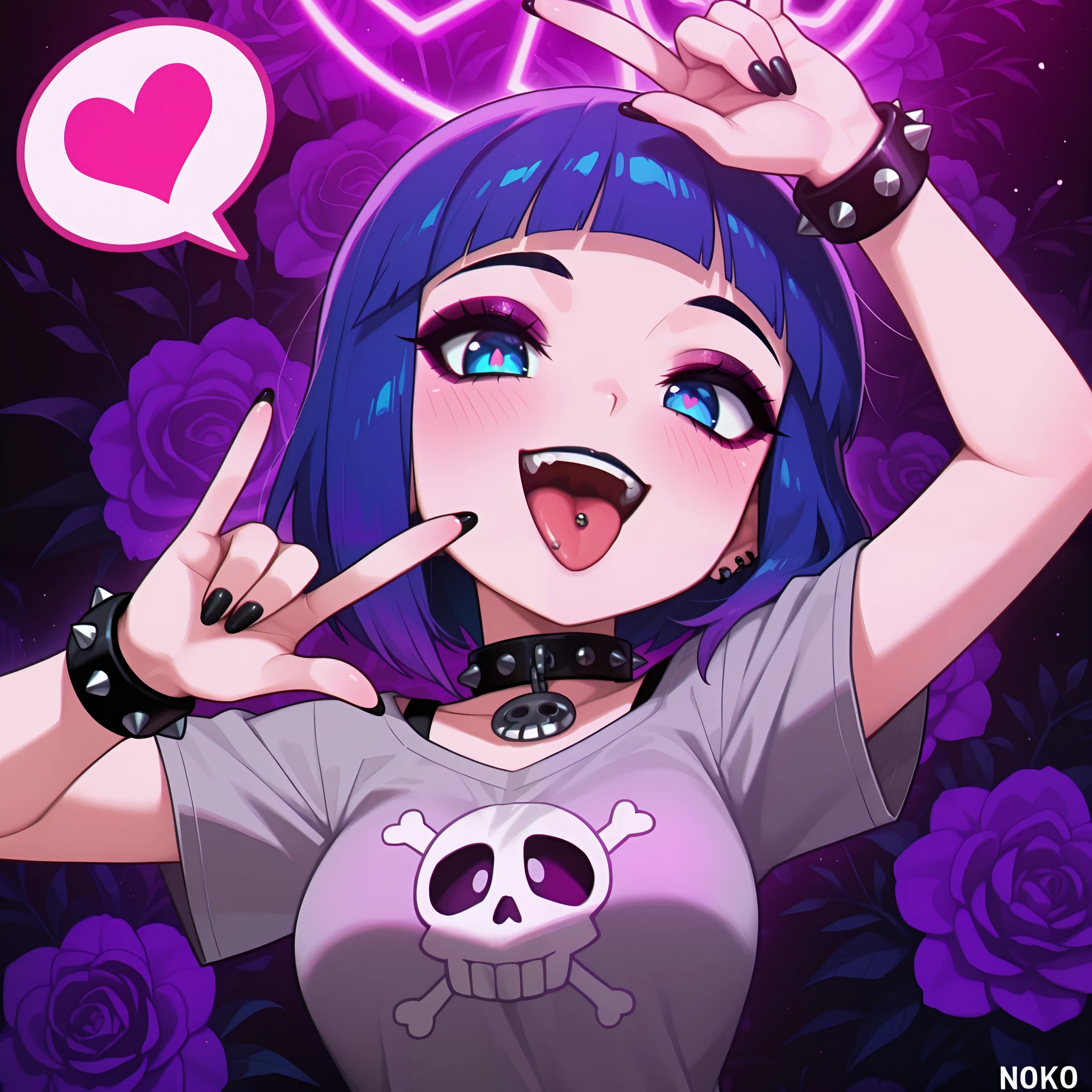 masterpiece, best quality, amazing quality, anime screencap. BREAK. 1girl, spikes, solo, spiked collar, tongue, heart, blue hair, spiked bracelet, black nails, shirt, jewelry, tongue out, spoken heart, collar, \m/, blue eyes, short hair, purple shirt, bracelet, short sleeves, open mouth, skull print, t-shirt, \n/, studded collar, speech bubble, looking at viewer, skull and crossbones, upper body, smile, teeth, artist name, star \(symbol\), grey shirt, piercing, tongue piercing, arm up, makeup, breasts, black lips, floral background, nail polish, purple hair, eyeshadow, skull, black collar, spiked choker, upper teeth only, flower, animification, blush