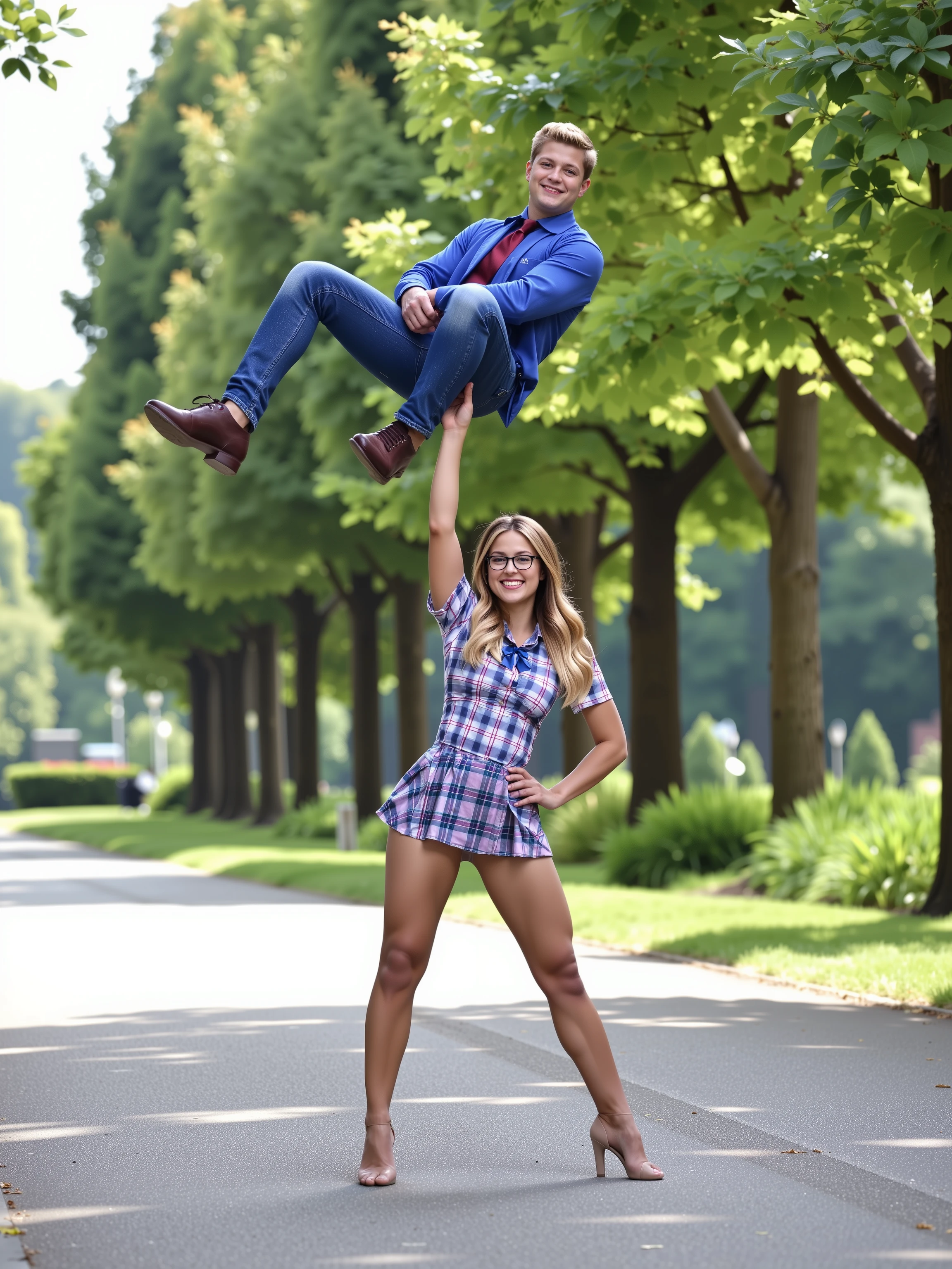 A longshot photograph capturing a ite, athletic, strong, and sexy girl with her arm straight up while effortlessly holding a larger man aloft sitting on the palm of her hand. [The girl has long blonde hair and is dressed in schoolgirl attire, cleavage, glasses, lithe, smiling while exuding confidence]. [The man is large, wearing jeans and a blue shirt, is relaxed and sitting on her hand]. The setting is a park, with soft, natural light filtering through, casting subtle shadows.