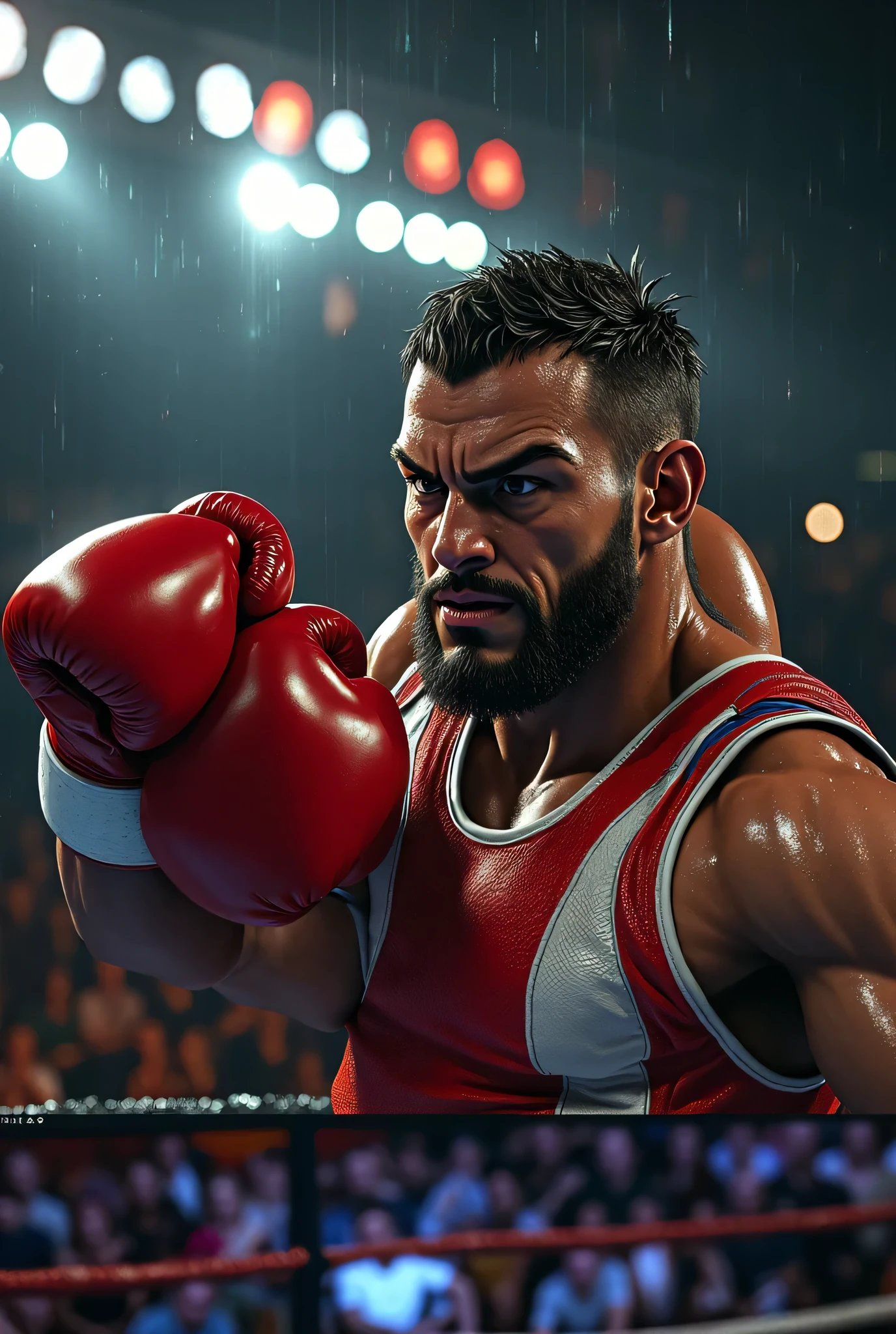 A midshot of a fiercely determined man exudes confidence with his light brown skin, black medium taper fade, and striking red eyes. He stands in a powerful boxing stance, with his guard up,an eye catching boxing gym background. This captivating image is rendered in a modern Frutiger Aero aesthetic style, showcasing vibrant colors and sharp details in stunning 4k HD resolution in the . The man's sleek and stylish appearance jumps off the screen, drawing viewers in with its high-quality and visually striking presentation,front view,ambient light 