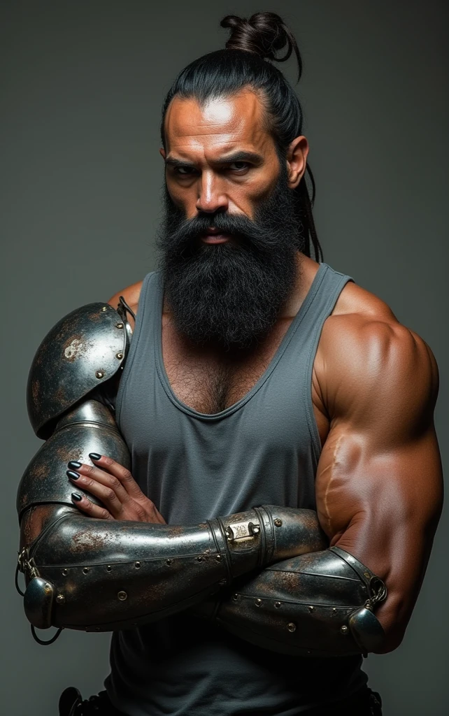 A mature muscular man,50yearsold,whaite hair,buzz cut, Well-developed muscles,vast pecs,Broad shoulders,Huge crotch bulge,Bare pectoral muscles,Open top,shorter pants,Steampunk-inspired armor,full bodyesbian,in a panoramic view,Sit Pose,High- sharpness,High Picture Quality,intricately details,tmasterpiece