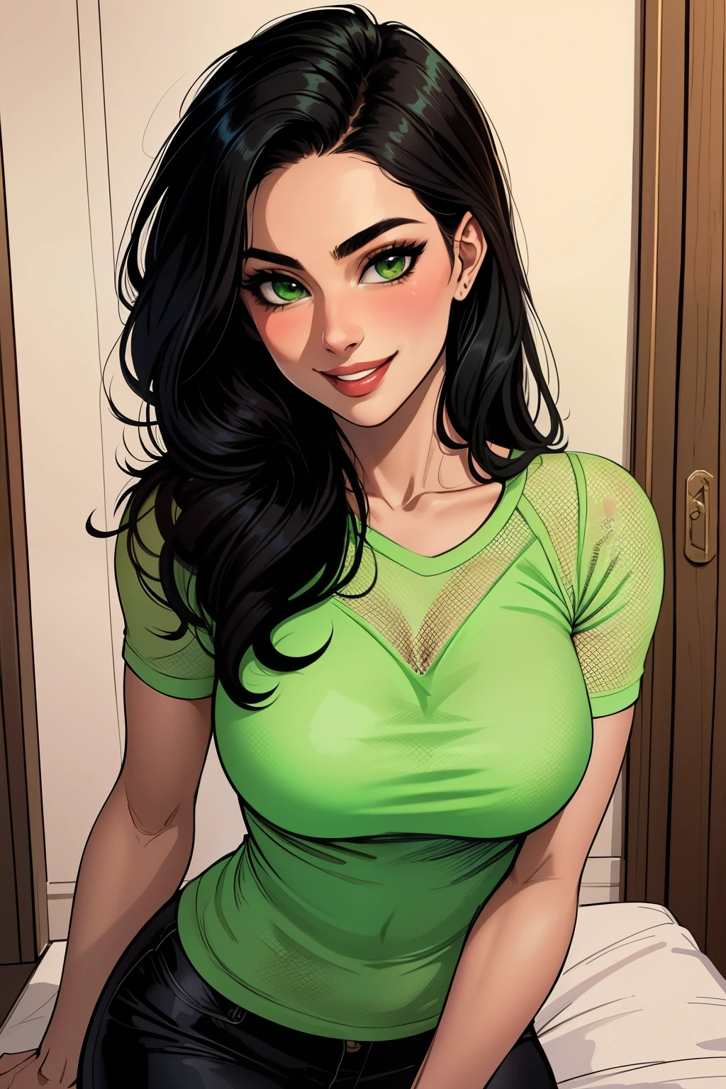 Amazing cowboy shot of a sexy latina woman wearing her black bob cut hair, seductively gazing and smiling, soft lips, parted, blushing intensely, smiling, sexy clothes, medium chest, perfect body, green eyes