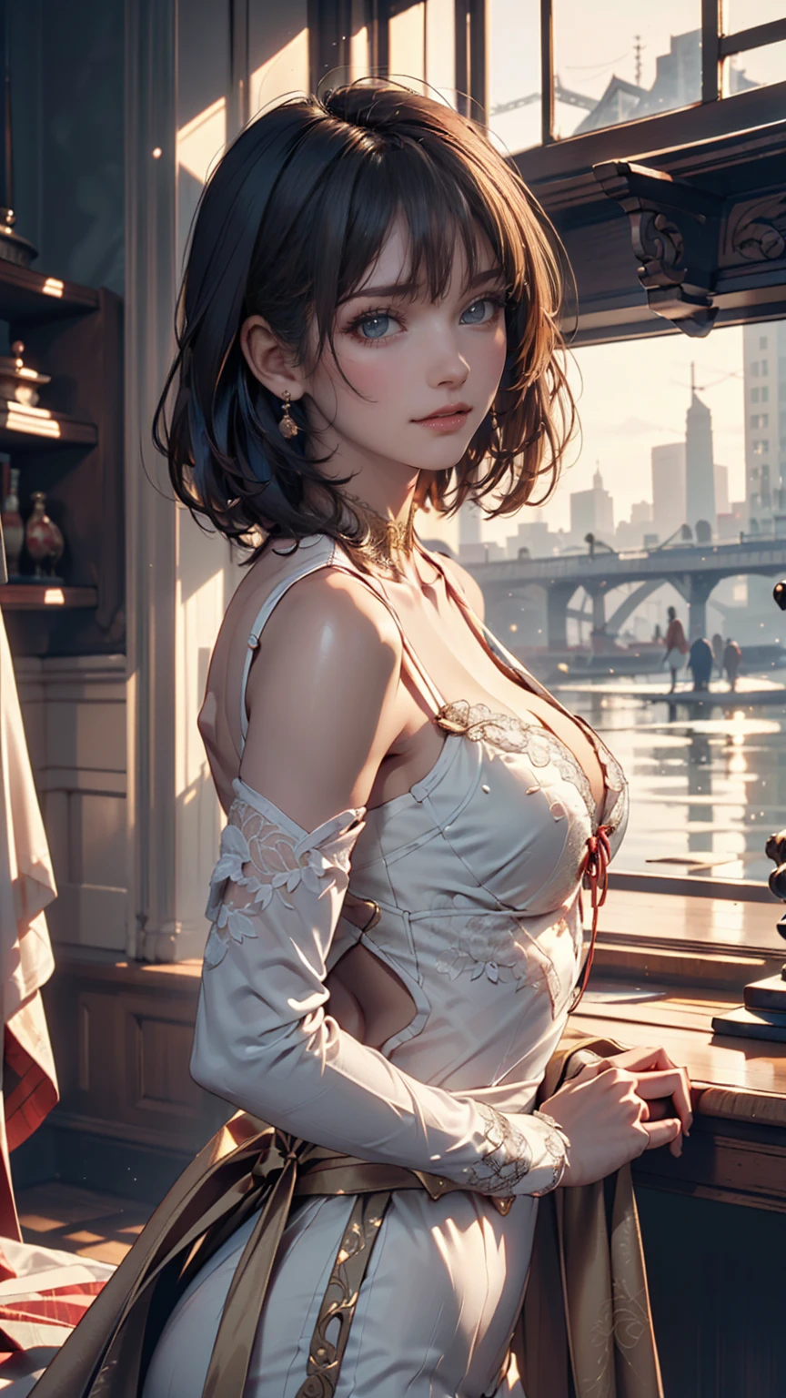 Florence Nightingale, (Ballet Costumes), Sitting in a chair, Smiling for the camera, White formal shirt, Loose collar button, Swollen nipples, Long, loose hair, (Delicate illustrations: 1.4), (Renaissance art: 1.4), (Ultra-high resolution: 1.2), (Photorealism: 1.4), (8k, RAW Photos: 1.2), (Soft Focus: 1.4), ( 18-year-old: 1.3), (Sharp focus: 1.4), Beautiful face with attention to detail, Pure rose face_v1