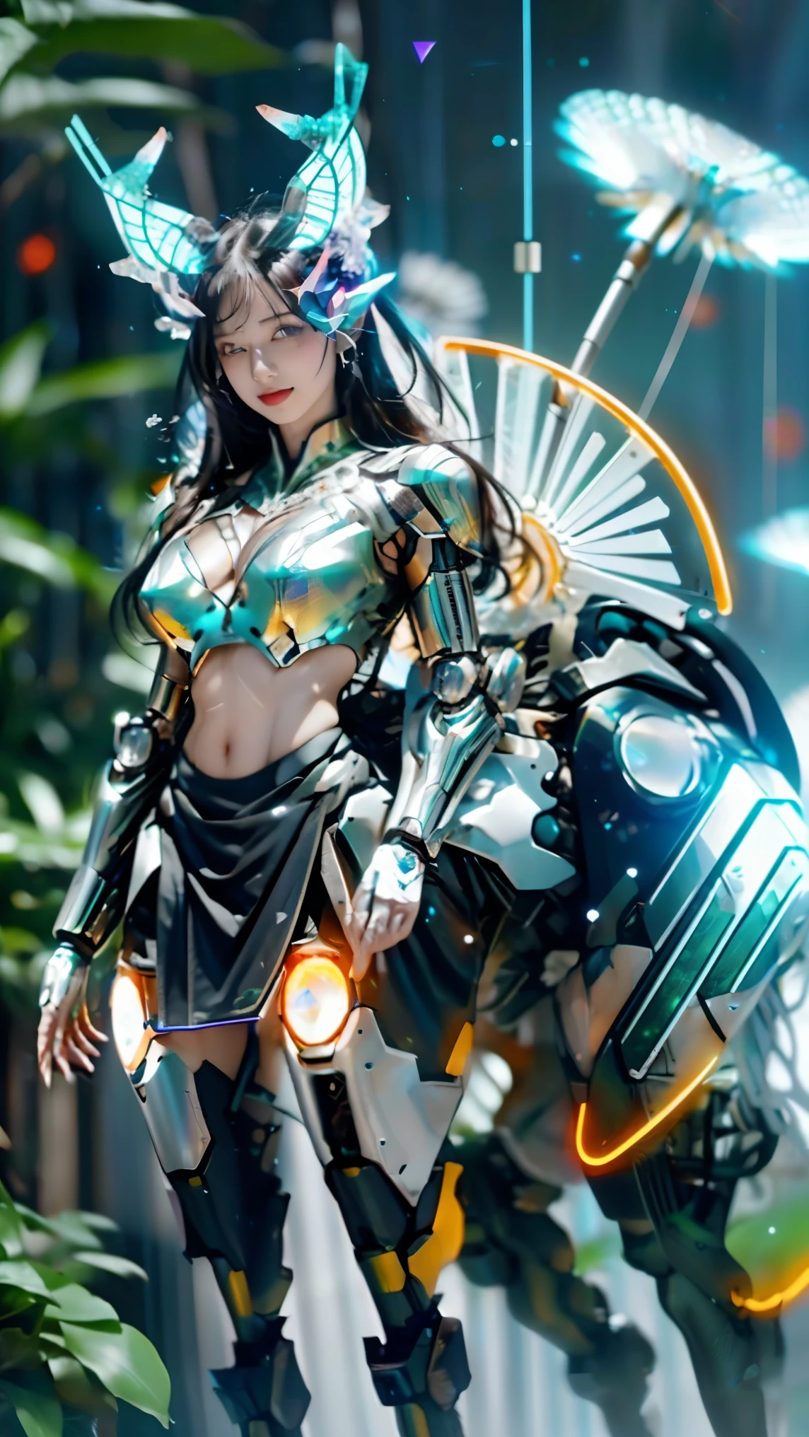 <lora:AMechaSSS[color_theme,mecha musume, mechanical parts,robot joints,headgear]:0.5>,(photo-realistic,ultra realistic 8k CG:1.2),perfect artwork,delicate pattern,
(best quality,intricate detail,extremely intricate:1.2),70mm telephoto lens,
(idol),(detailed clothes features),Exquisite Makeup,the pose,
long hair,(1girl,solo:1.2),woman,girly,bright eyes,(detailed eyes),(wet skin,nsfw:1.1),
(horizon,longView,distant,Leaves and plant in front:1.2),simple background,
(mechanical arms,legs,complex cyborg,crystals,glass,insane fine details led mecha,led,jet engine:1.4),<lora:Vivi_v03:0.1>,<lora:smokeanywhere:1>,<lora:add_detail:0.1>,<lora:OC:0.1>,