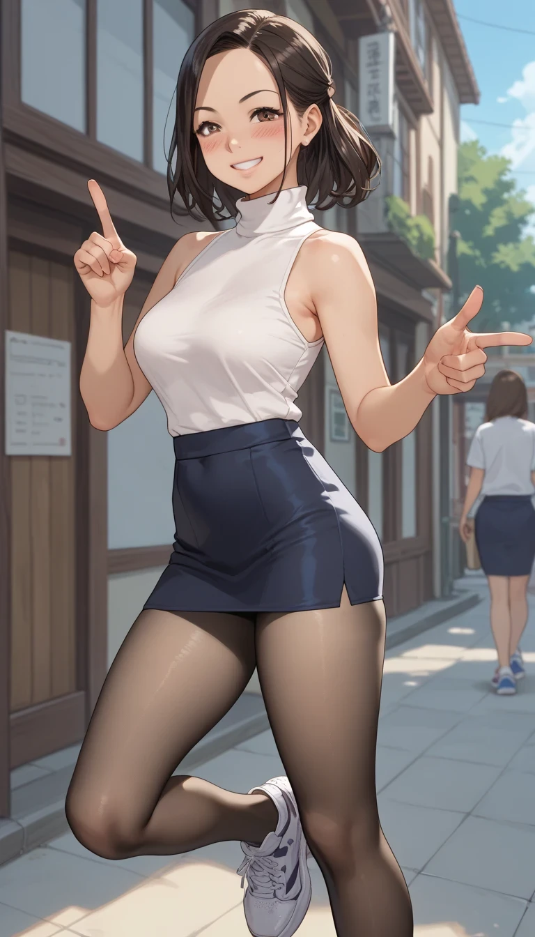 Anime girl in short skirt and high heels posing for a picture - SeaArt AI