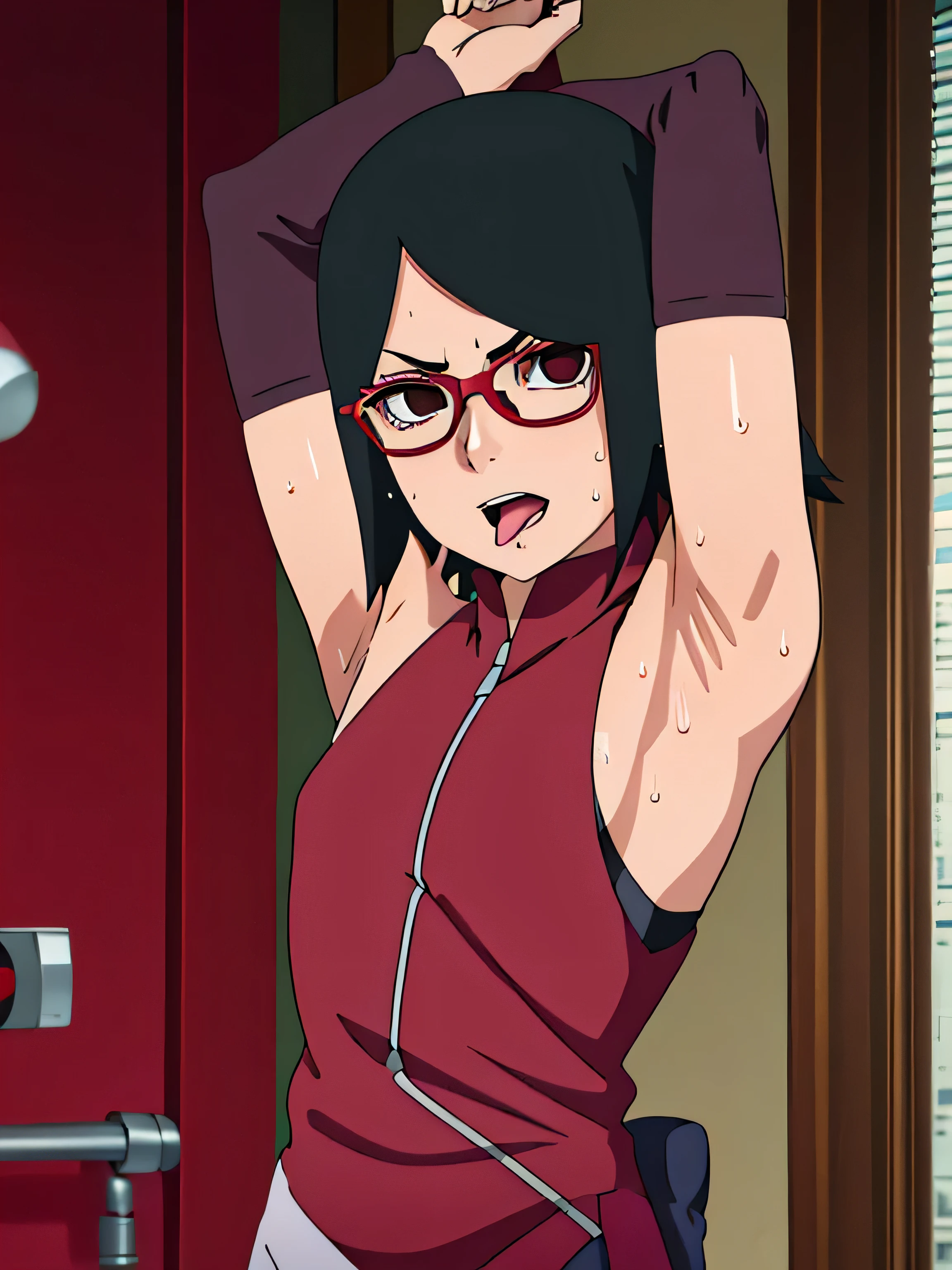 Sarada Uchiha,human woman with fair skin. She is a r with black eyes and red clothing. Her hair is black in color; She is beautiful.Wearing red rimmed glasses.Tsundere face. Pink eye shading,mature appearance,armpits,sweat,sweaty,sweaty armpits,arms up,showing armpits,awesome armpits,outfit,blackish red arm warmers,maroon arm bands,maroon arm warmers,showing tongue,tongue out