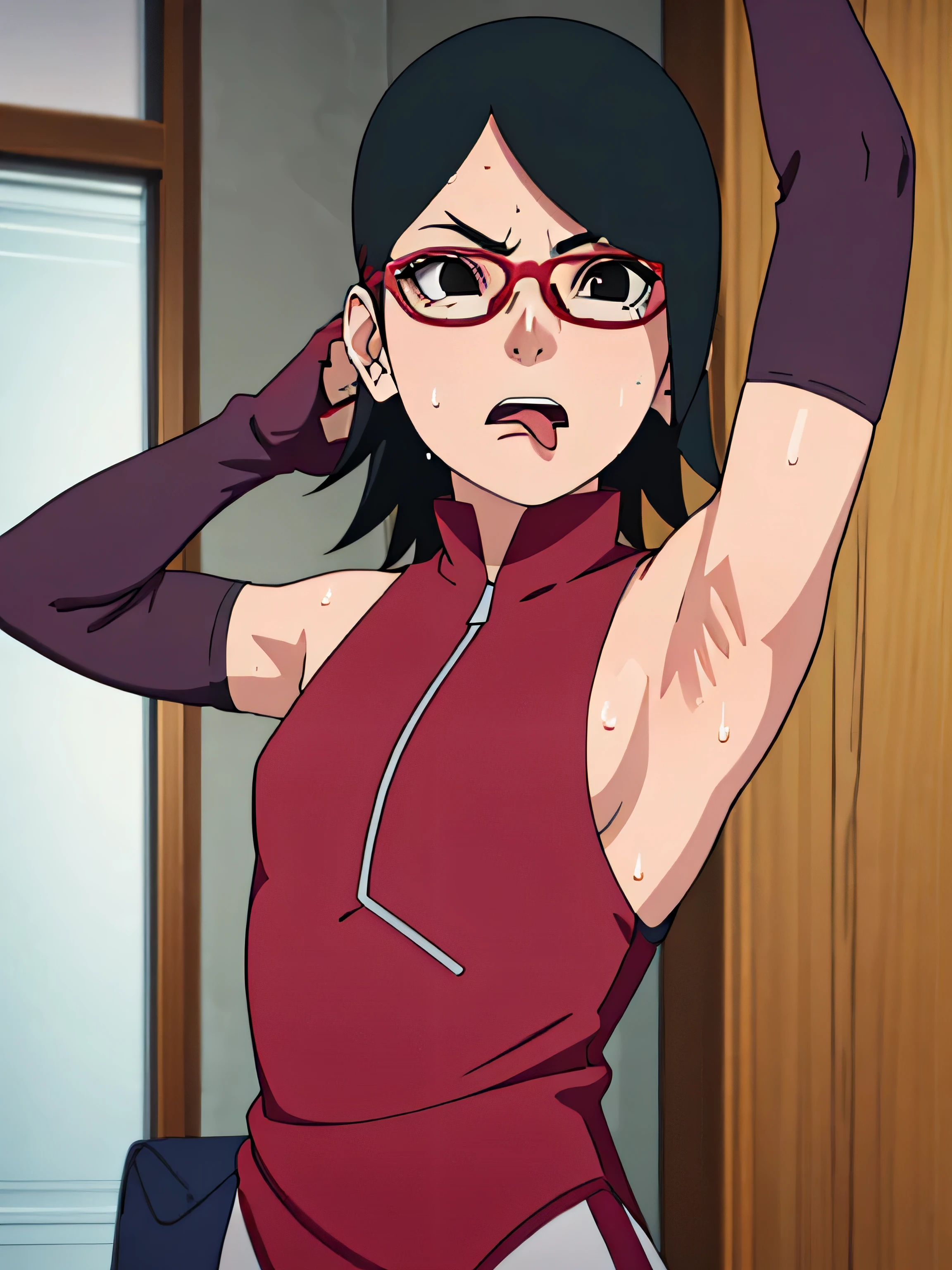 Sarada Uchiha,human woman with fair skin. She is a r with black eyes and red clothing. Her hair is black in color; She is beautiful.Wearing red rimmed glasses.Tsundere face. Pink eye shading,mature appearance,armpits,sweat,sweaty,sweaty armpits,arms up,showing armpits,awesome armpits,outfit,blackish red arm warmers,maroon arm bands,maroon arm warmers,showing tongue,tongue out