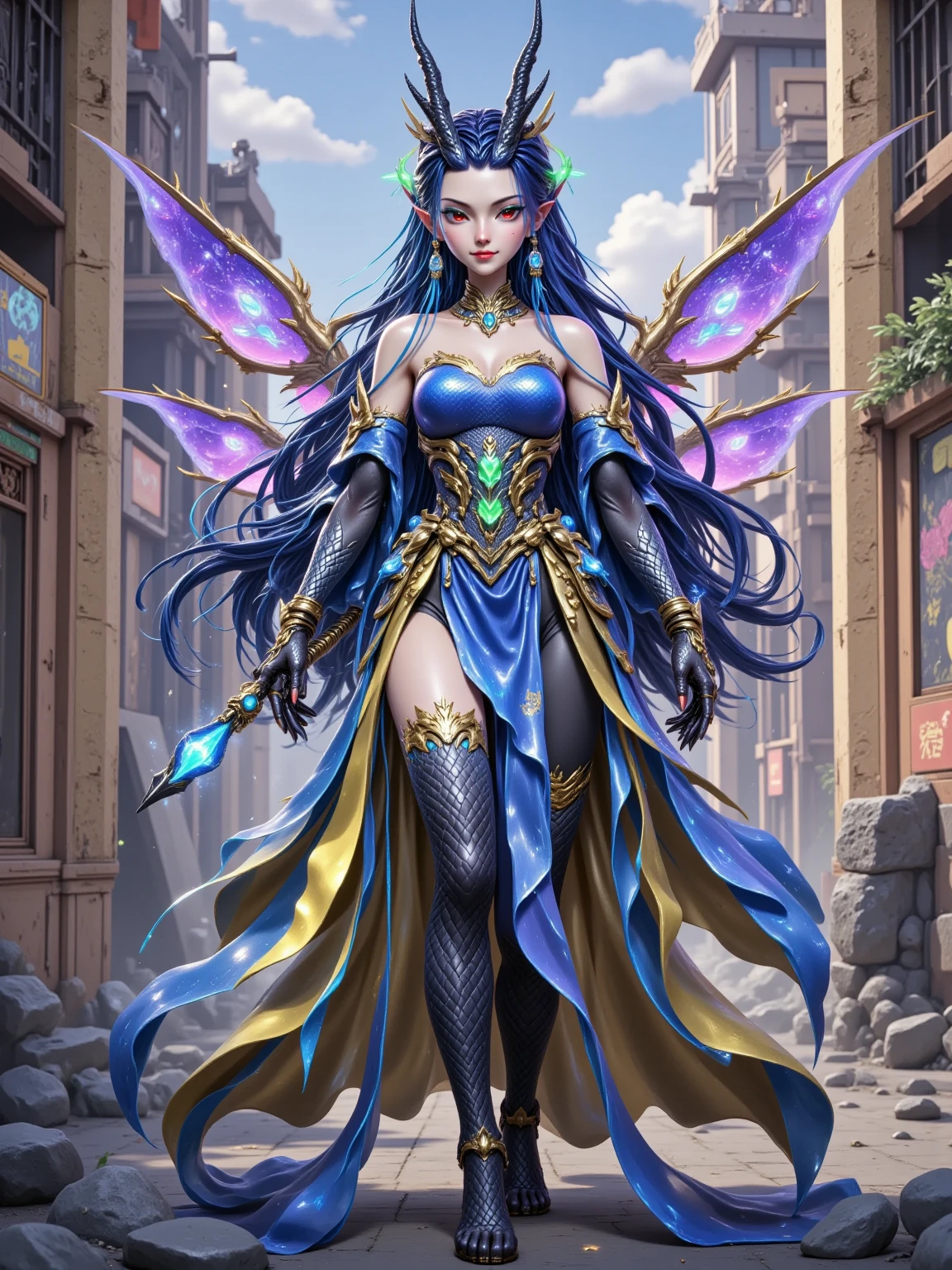 solo, masterpiece, elf sexy, beautiful, full body, beautiful clothes, mythical, fairy tale, 8k, light smile, violet hair, green eyes, pale body, slim body, sharp curves, tight clothing --auto --s2