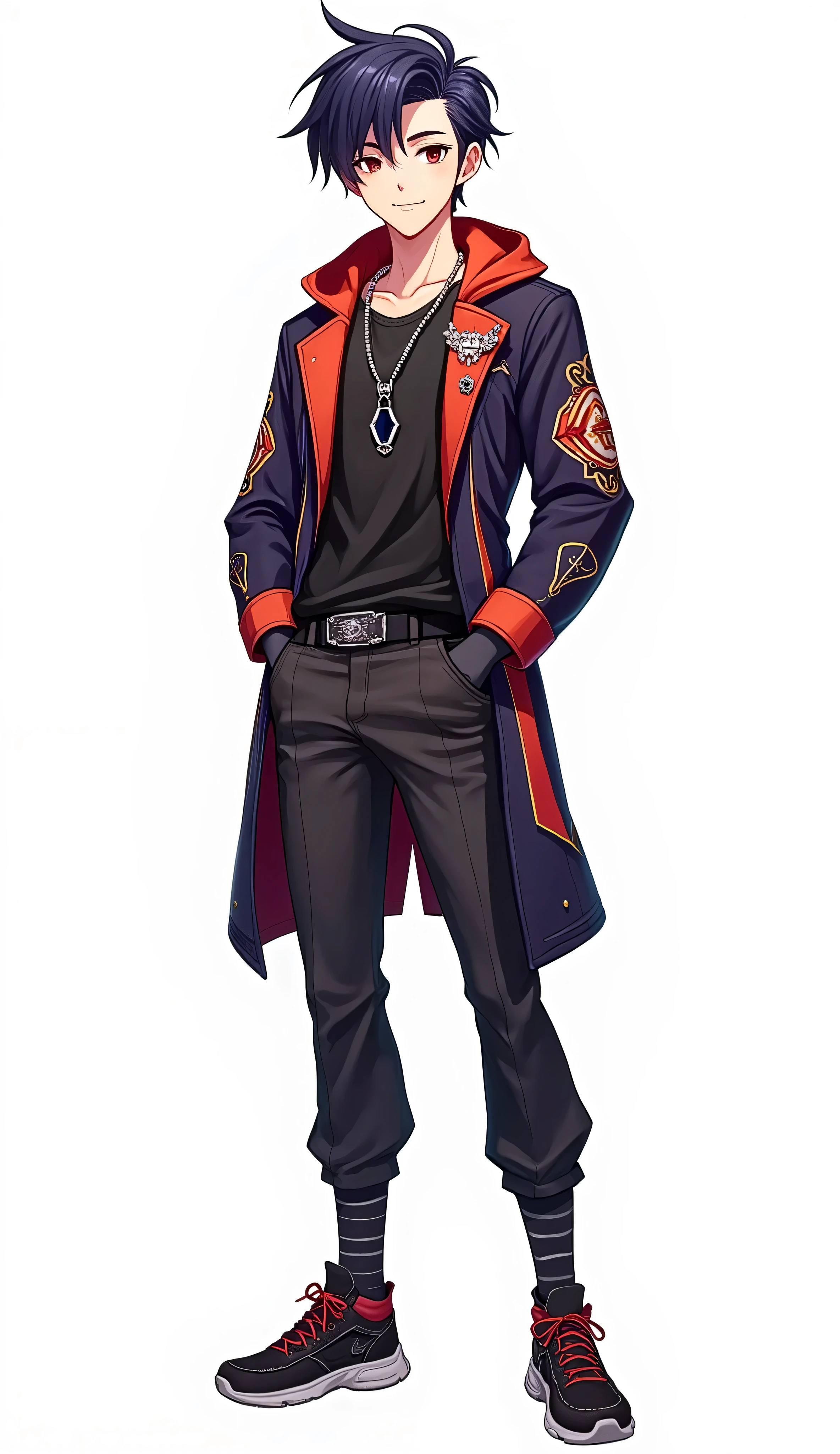 Please create a perfectly framed, full-figure, full-body illustration of a professional-grade male VTuber character, specifically designed for streaming use. The character is a stylish and handsome young man with a charismatic yet approachable appearance. His outfit is in an isekai (fantasy world) style, with design elements and intricate patterns that create a unique and striking look. The style is tailored to match the character's youthful and dynamic nature. The art style is anime-inspired, featuring a flashy atmosphere with bold, bright, and multi-colored hues, along with clean shading characteristic of cel-shading techniques. This results in a polished, energetic, and VTuber-appropriate appearance. The character stands upright in a neutral pose, with his arms relaxed naturally at his sides, facing directly forward. His expression is confident and friendly, with a slight smile and his mouth slightly open. Ensure that the entire character is visible within the frame, from the top of the head to the tips of the toes, with precise alignment to ensure nothing is cropped. The background should be plain white to emphasize the character and eliminate any visual distractions. The proportions must be anatomically accurate, and the full-figure framing should be perfectly adjusted to the canvas, with equal spacing around the edges to avoid cropping. The illustration should be highly detailed and professionally polished, suitable for commercial use in streaming overlays, promotional materials, and branding.