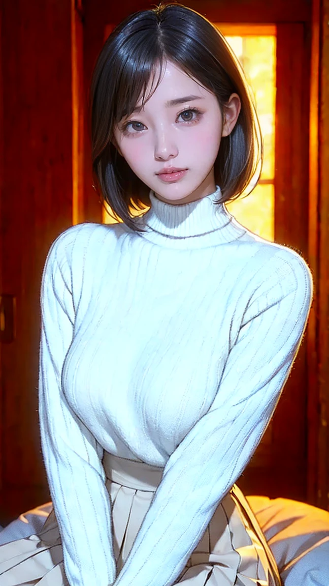 (best quality,4k,8k,highres,masterpiece:1.2), ultra-detailed, (realistic,photorealistic,photo-realistic:1.37),(beautiful detailed eyes, beautiful detailed lips, extremely detailed eyes and face, long eyelashes),studio lighting,physically-based rendering,vivid colors,(big tits, super big tits, super extra big tits),(bob haircut),(Laughing like a madman with his mouth wide open),(white turtleneck sweater),(soft lighting),(happy atmosphere),(diagonal composition),(dynamic poses),