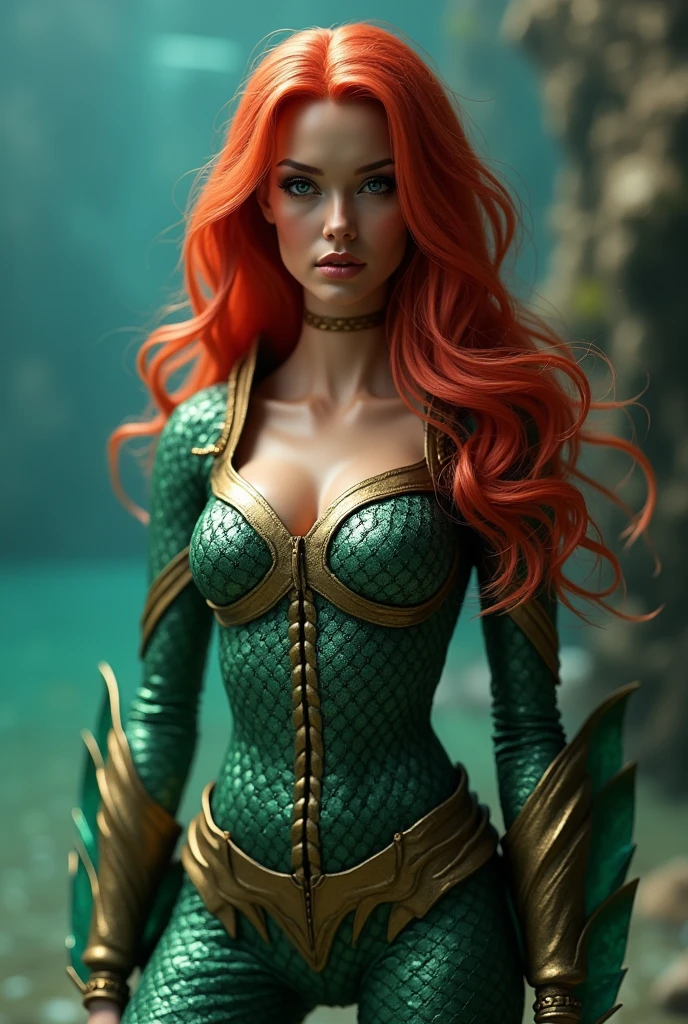AMBER HEARD hermosa, caucasian, pelo color rojo y largo, ojos claros, mojada, tiara verde, vestida con traje de armadura cuerpo completo color azul y verde con escamas, mera reyna de atlantis, sosteniendo un tridente, in defense position to attack, at the bottom of the ocean among marine fauna ((Calidad superior, 8k, obra maestra: 1.3)), belleza, Grande: 1.3, Abdominales: 1.1,
