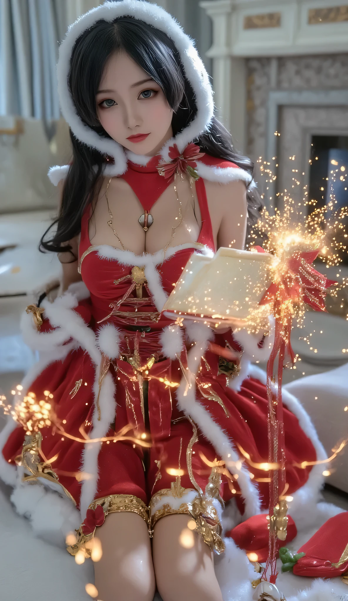 masterpiece, top-quality, top-quality, Beautifully Aesthetic:1.2, 1girl, Halloween night, ((Wearing a high-quality costume of fur of cat, gloves of cat, cat paw-shaped shoes, fur miniskirt):1.2), (Silver pin heels:1.1), high detailed, ((Red eyes:1.8)), (kneeling with paw pose:1.3), large breasts, firm breast, nicely shaped breasts, slender figure, 
((Sexy Hair Style, Dark Brown Hair)), wavy hair, (medium long hair:1.2), 
((in A modern room of decorated for Halloween at late night:1.2)), (Upper body shot:1.1), (From above), (Focus on legs:1.1), ((looking at viewer:1.2)),