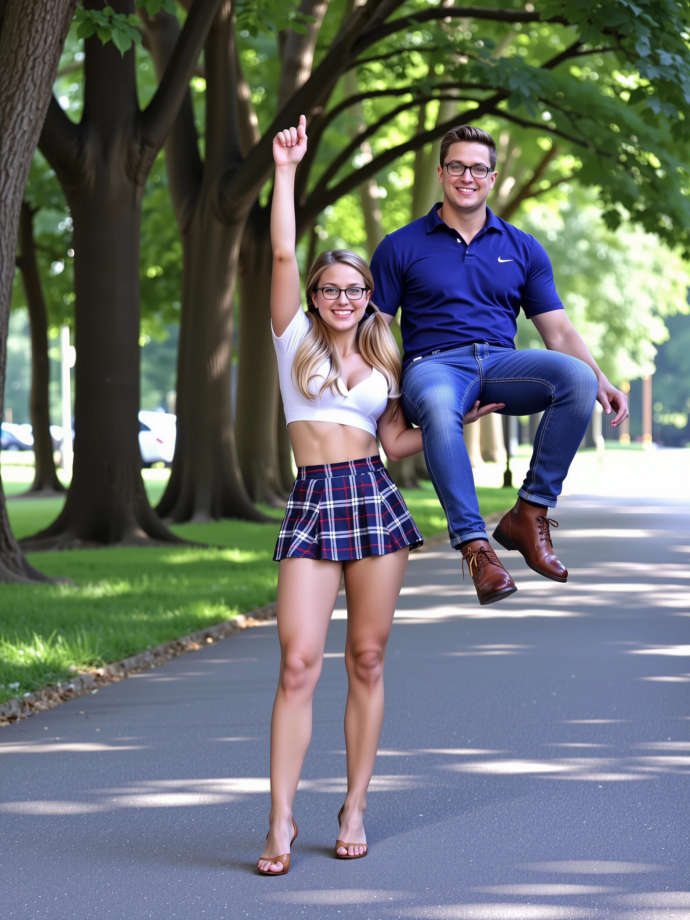 A longshot photograph capturing a petite, athletic, strong, and sexy  girl with her arm straight up while effortlessly holding a larger man aloft sitting on the palm of her hand. [The girl has long blonde hair and is dressed in schoolgirl attire, cleavage, glasses, lithe, smiling while exuding confidence]. [The man is large, wearing jeans and a blue shirt, is relaxed and sitting on her hand]. The setting is a park, with soft, natural light filtering through, casting subtle shadows.