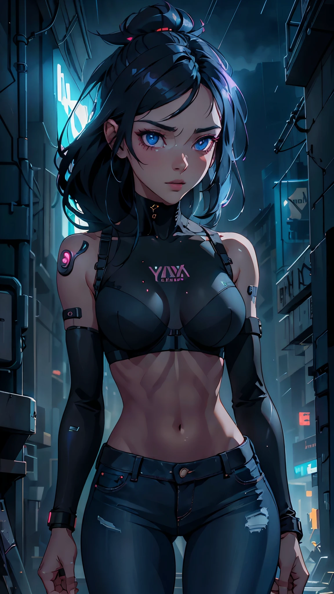 ((cyberpunk super skinny girl) dark alley, night, neon , watching the horizon, wearing jeans and bra, raining, night)):1.9、Perfect Ray Tracing、Highly detailed background,realistic,ultra-detailed, super detailed skin ,Light Shine,filmic grain,According to II,Lens reflection,sharpen,Cinematic shadow, panoramic image, cyberpunk skinny girl, night, neon lights