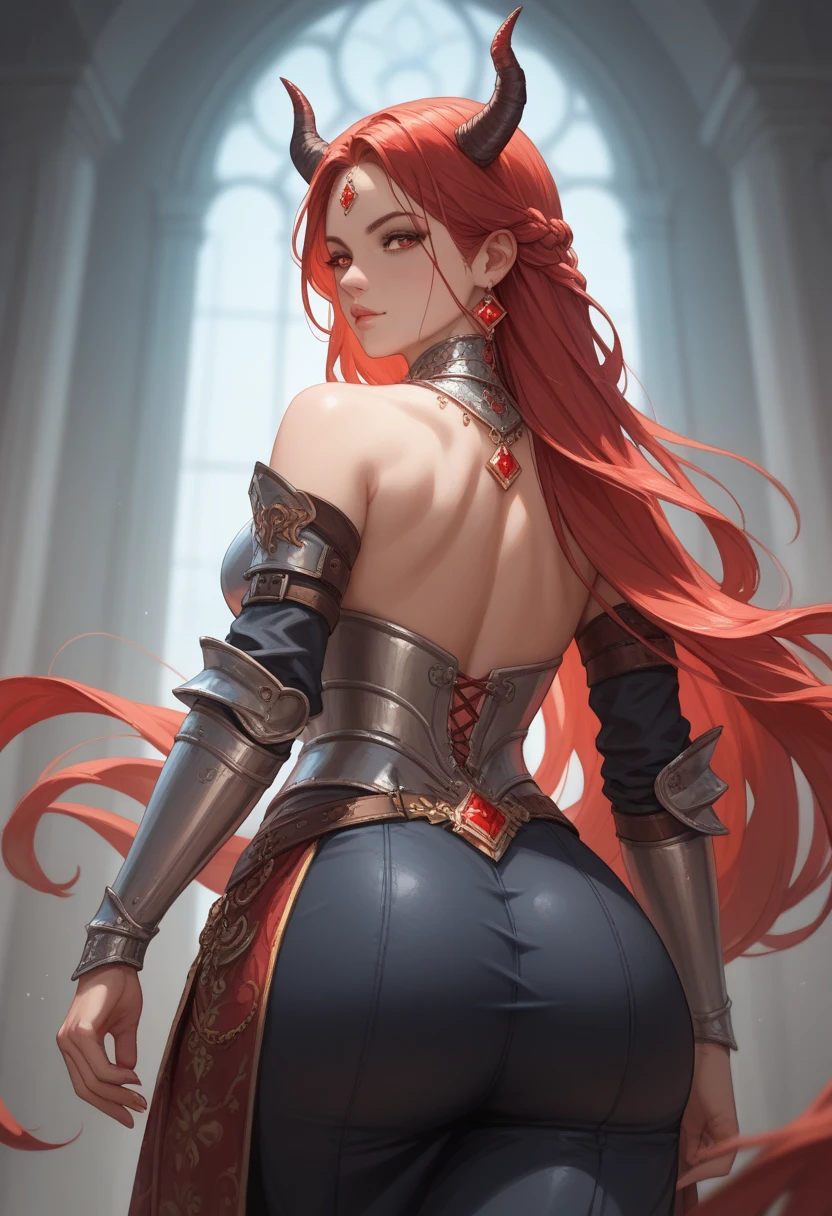 1 woman, (((((UHD))))), (((((masterpiece))))), ((((super detail)))), high details, ((((high quality)))), ((((best quality)))), (((highres))), ((((16k)))), ((Shadows)), ((bright red hair)), hair over shoulder, ((chinese dress outfit)), heart-shaped pupils, one eye closed, sparkling eyes, ((big beautiful light blue eyes)), grin, bright pupils, (small grin), natural lips, light blush, cheek-to-cheek, sparkle, god rays, backlighting, reflection light, bloom, dutch angle, perspective, from above, from behind, beautiful ass, (tight ass) ((defined jawline)), ultra defintion of skin, beautifully detailed eyes, hands on hips