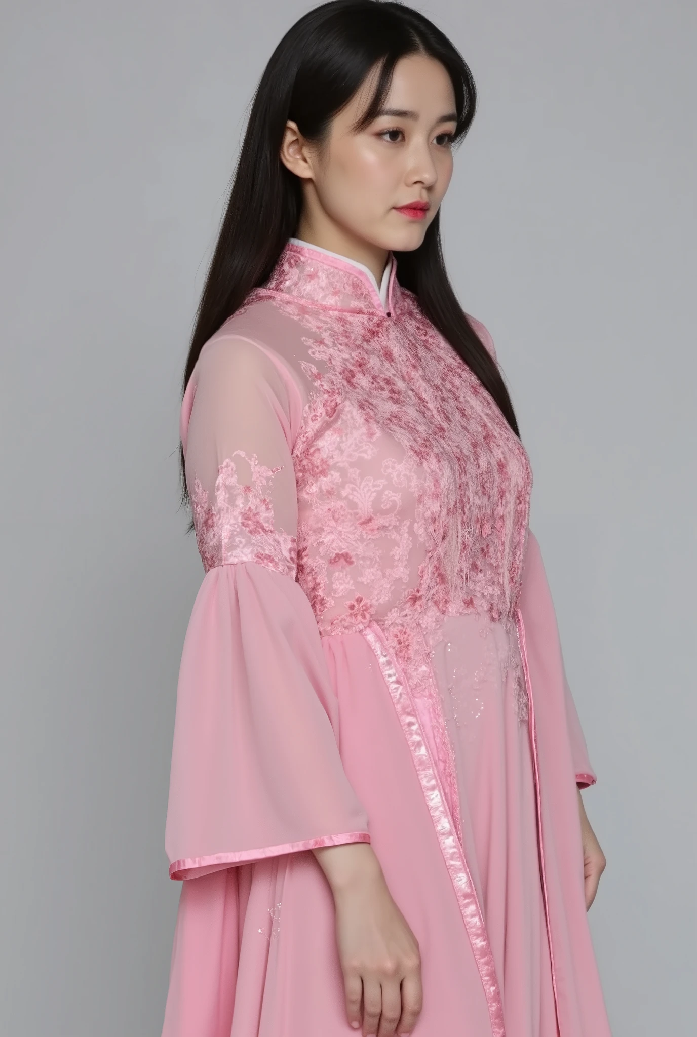 in 8K、超A high resolution、Best Quality、masutepiece 、(quite massive chest、Hide all breasts:1.3)(Light pink see-through ao dai、rather large slits:1.28)(Brown-haired short-haired:1.1)Happy smile、Big dark eyes、lipgloss、a necklace、pin heels、(Walk along the Ho Chi Minh River)
