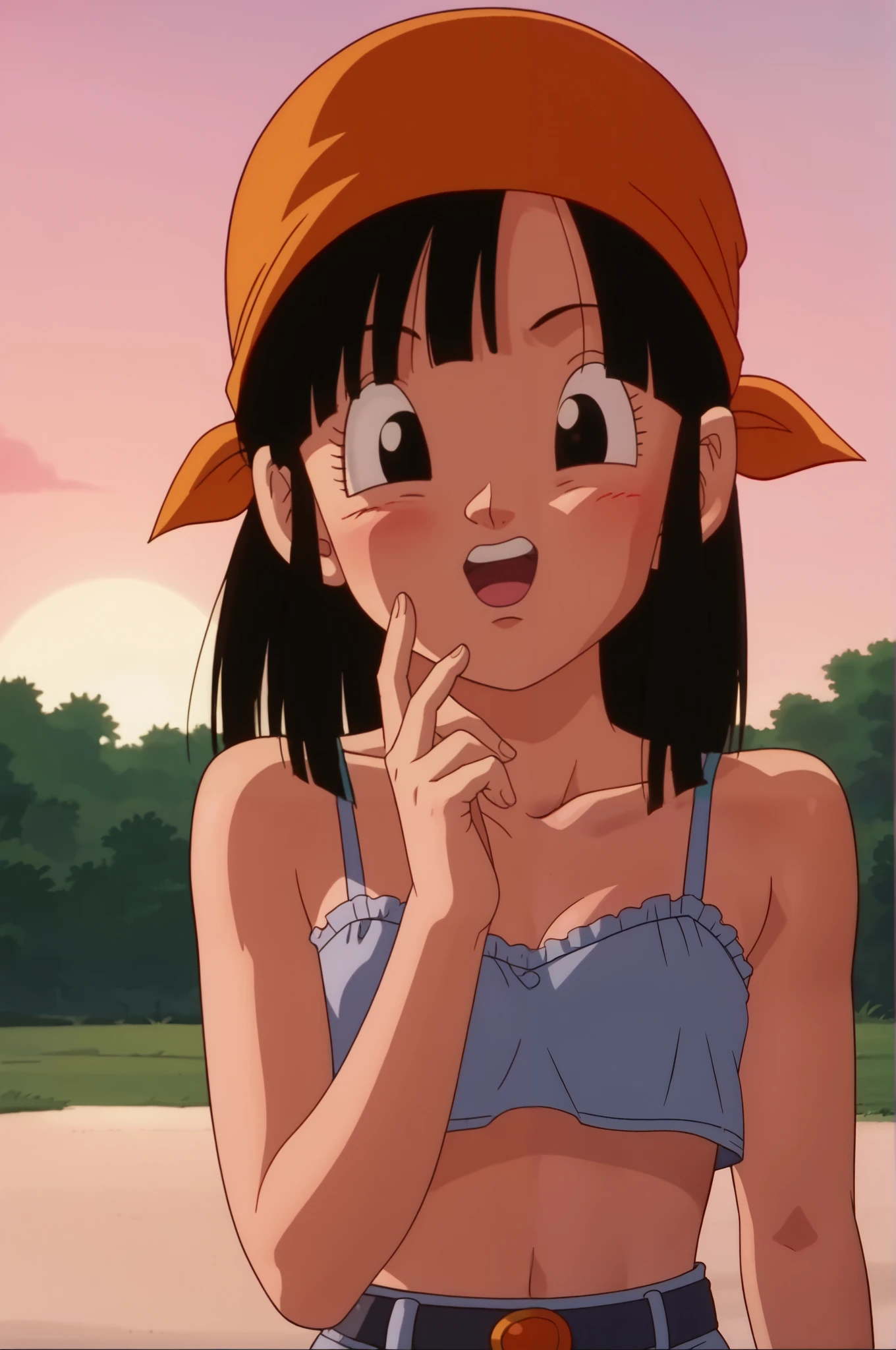 source_anime, score_9, score_8_up, score_7_up, anime screencap, pangt, 1girl, bangs, blushing, sexy face, grass, black hair, sunset, Watching the sunset, beach in open sea sunset, sun, collarbone, whole body, teeth, blunt bangs, outdoors, black eyes, eyelashes, upper teeth only, retro artstyle, , 1990s \(style\), orange headwear, underwear, scratched lingerie, mesh stockings, transparent tights, melancholic, thoughtful, hand on the chin, medium ass, breasts, sexy