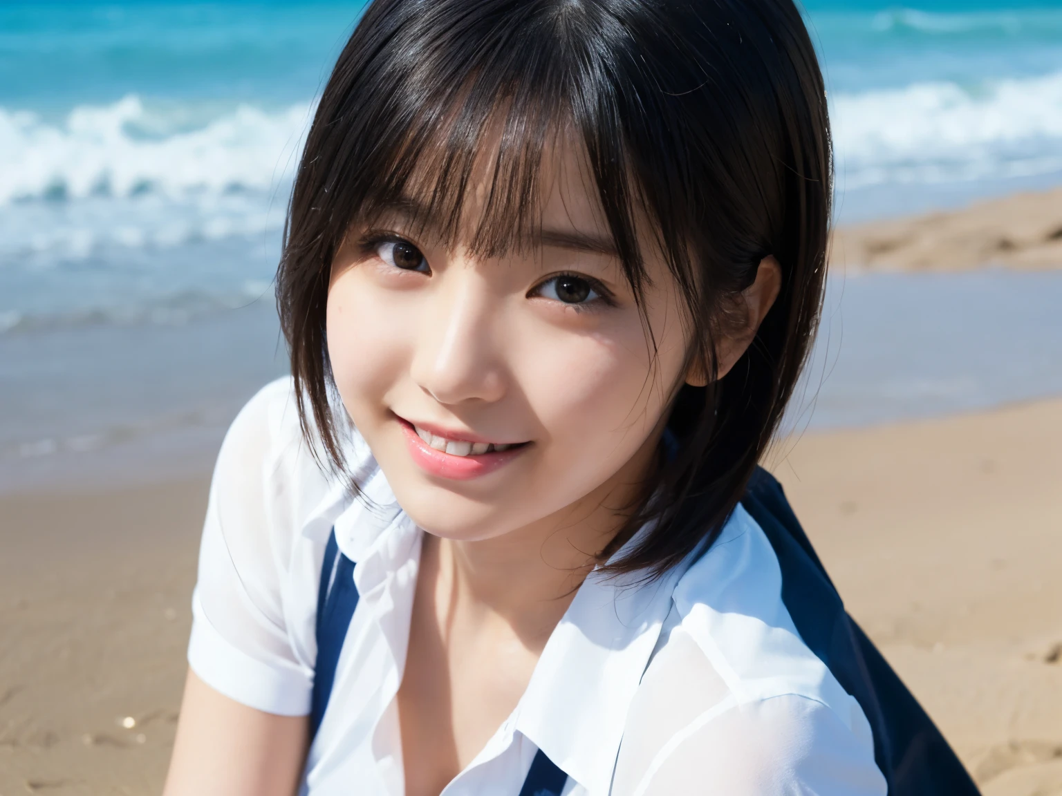 (RAW Photos: 1.2), (Realistic: 1.4), (highest quality: 1.4), Ultra-high resolution, (Fine Eyes),Nude Photos,Full body photo、Gravure photo,1. High school girl,(Large Breasts),You can see the chest、Black Hair,((White gathered blouse、pastel cardigan)),Bright Eyes,Blushing,smile,Highly detailed face and skin texture, Healthy Skin,(Beach),8K resolution