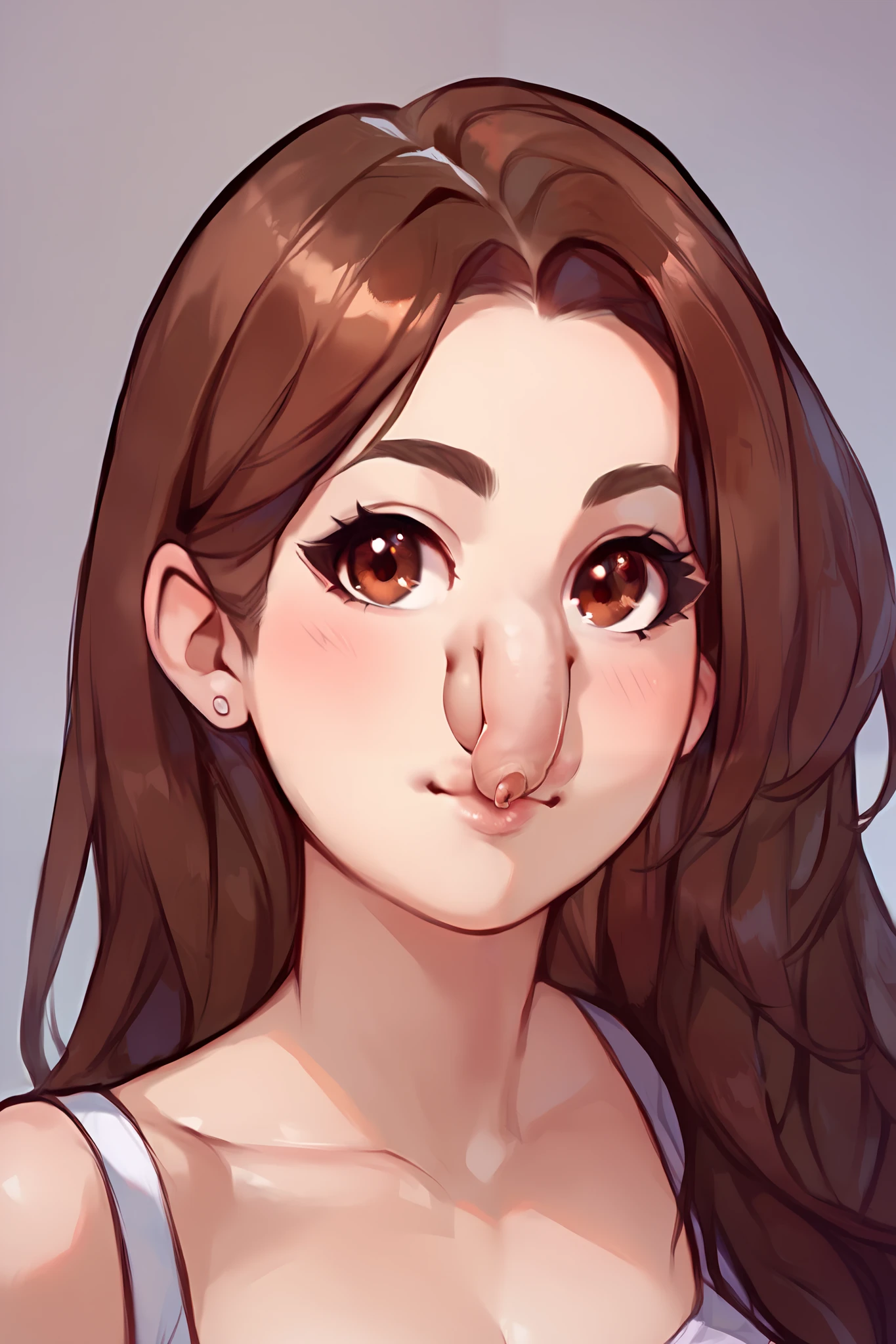 (Super Detailed), (score_9), (score_8_up), (score_7_up), 1girl, (portrait), (Beautiful Girl), (Brown Eyes), (Brunette), (Long Straight Hair), ((Flaccid Nose Penis and scrotum)), (Mouth Partly Open, Not Smiling), (Best Quality)