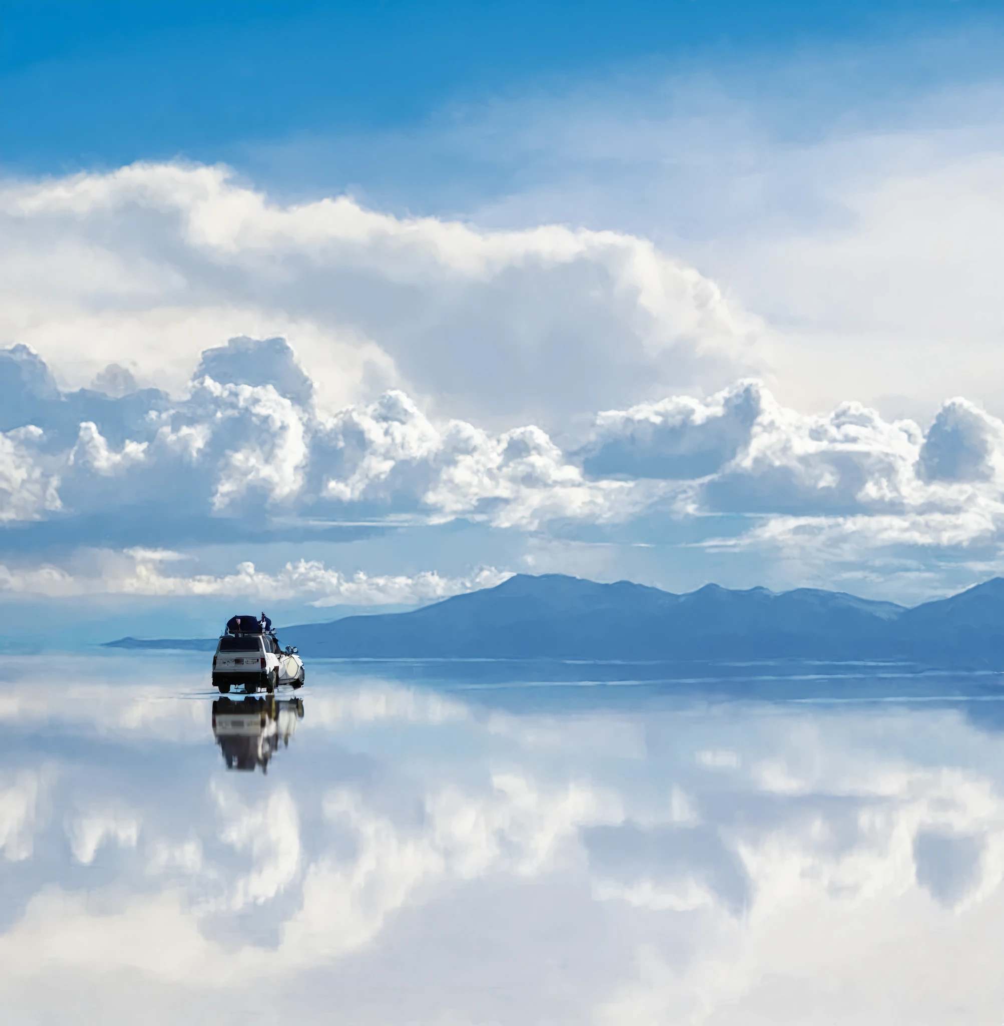 A white SUV with roof racks glides across the still snow mountain, its reflection merging with the mirror-like surface. The deep blue sky glows with the northern lights, their green and purple hues dancing above. Wisps of clouds and distant gray-blue mountains frame the tranquil expanse. The aurora’s glow casts a dreamlike atmosphere, with the car and its reflection grounding the surreal beauty of the scene.