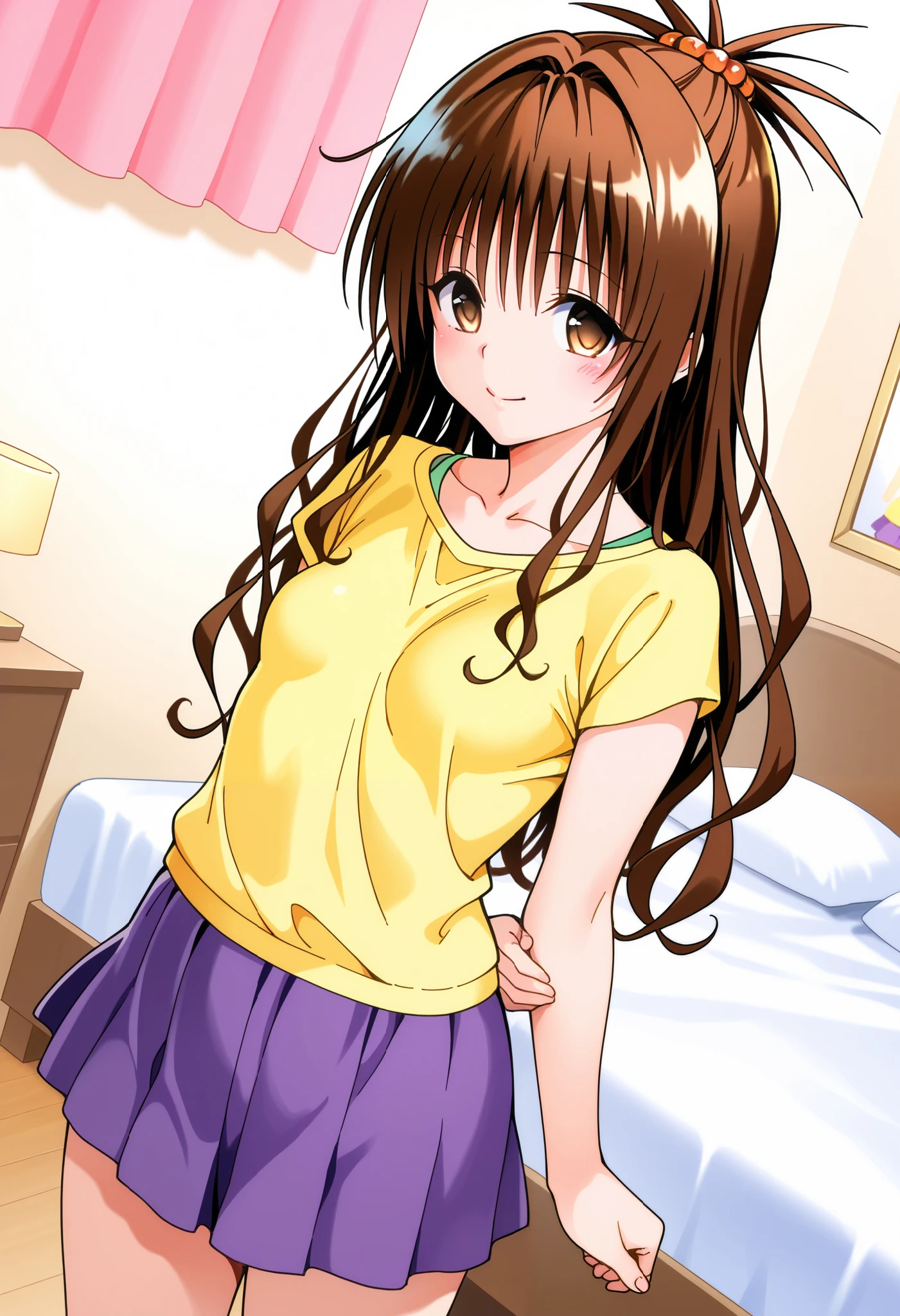 best quality , yellow shirts, purple skirt, mini skirt 、Yuki Mikan To Love Ru 、 tea hair、 brown eyes、 hair scrunchies 、 long hair、lovely small Breasts、 happy、White bedroom、 standing. Dutch angle.
