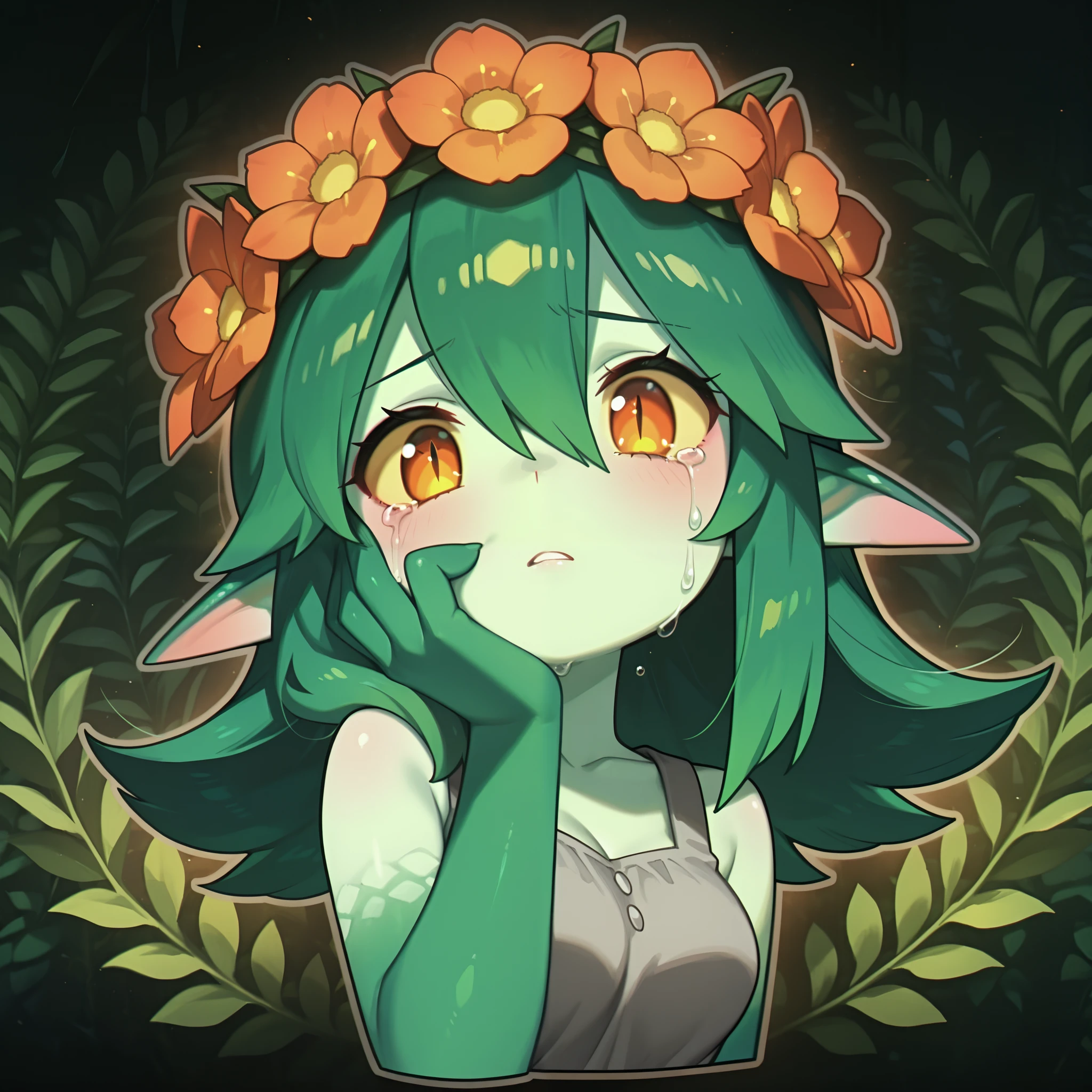 masterpiece, best quality, amazing quality, anime screencap. BREAK. 1girl, solo, monster girl, green skin, green hair, pointy ears, colored skin, looking at viewer, upper body, flower, hand up, plant girl, tears, colored sclera, hair between eyes, leaf, orange eyes, outline, yellow eyes, hair flower, head wreath, hand on own face, grey dress, plant, dress, hair ornament, medium hair, closed mouth, crying, sleeveless, long hair, orange flower, slit pupils, breasts, cropped torso, shirt, multicolored skin, bare shoulders, parted lips, yellow sclera, crying with eyes open